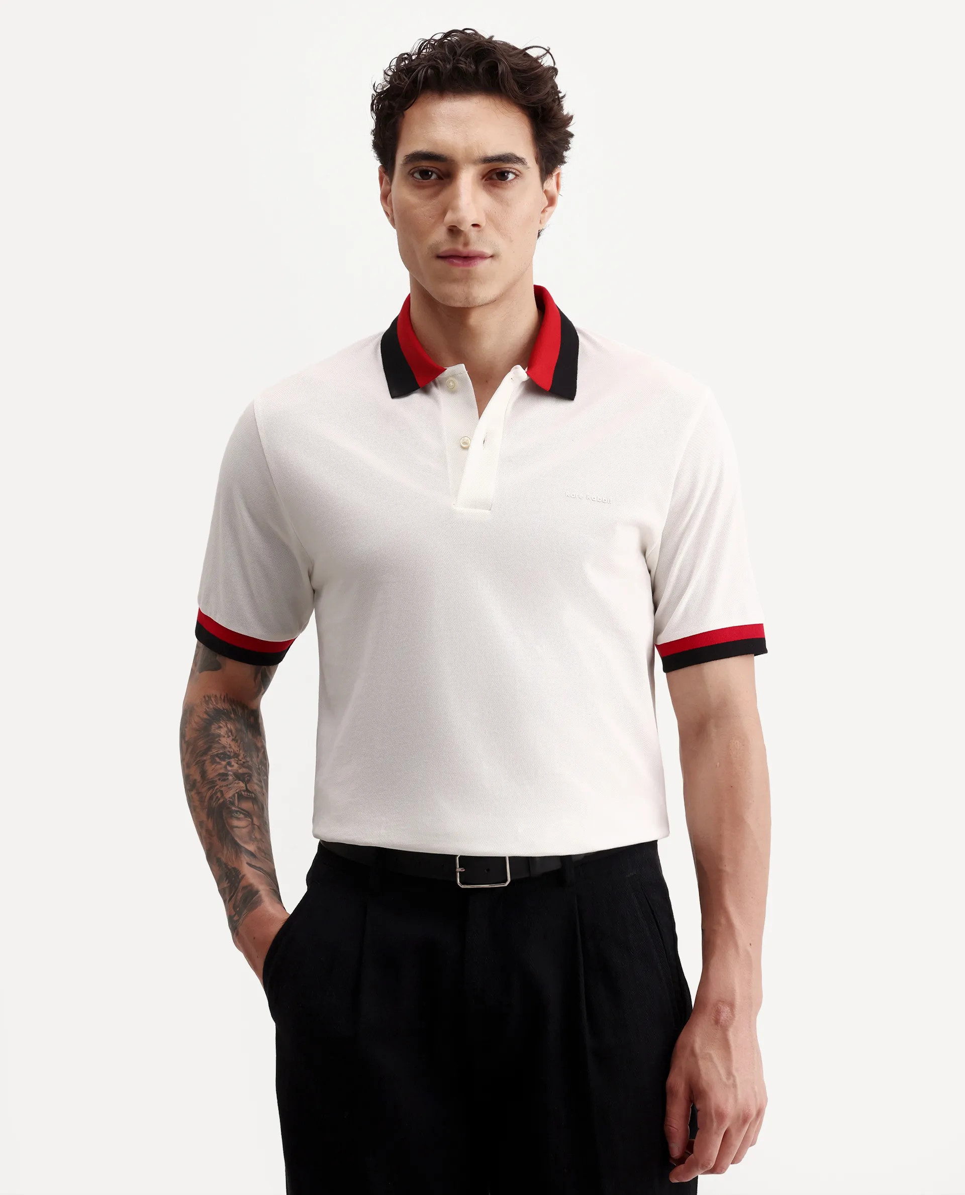 Rare Rabbit Men's Nilo White Cotton Spread Collar Button Regular Fit Plain Polo - Image 3