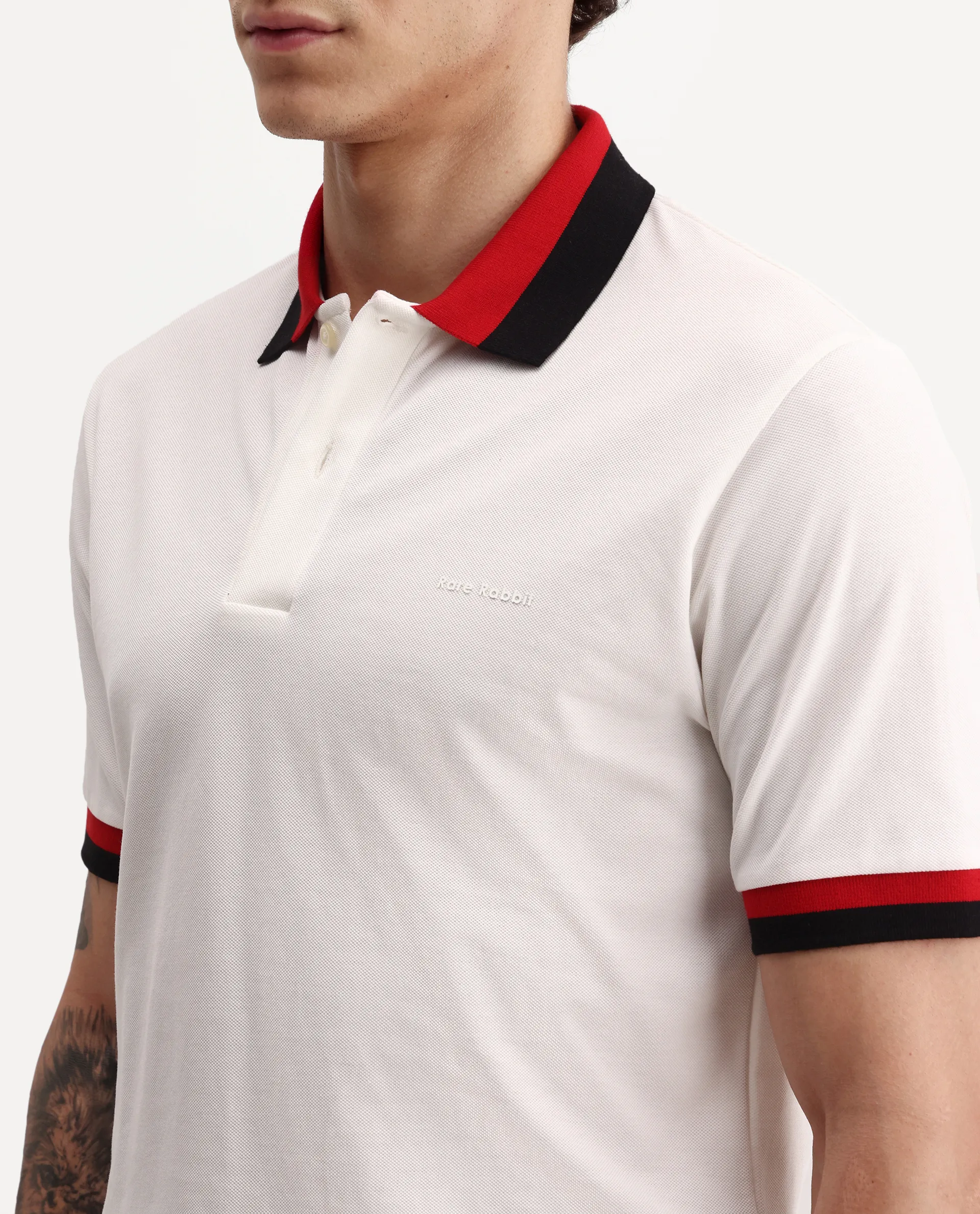 Rare Rabbit Men's Nilo White Cotton Spread Collar Button Regular Fit Plain Polo - Image 4