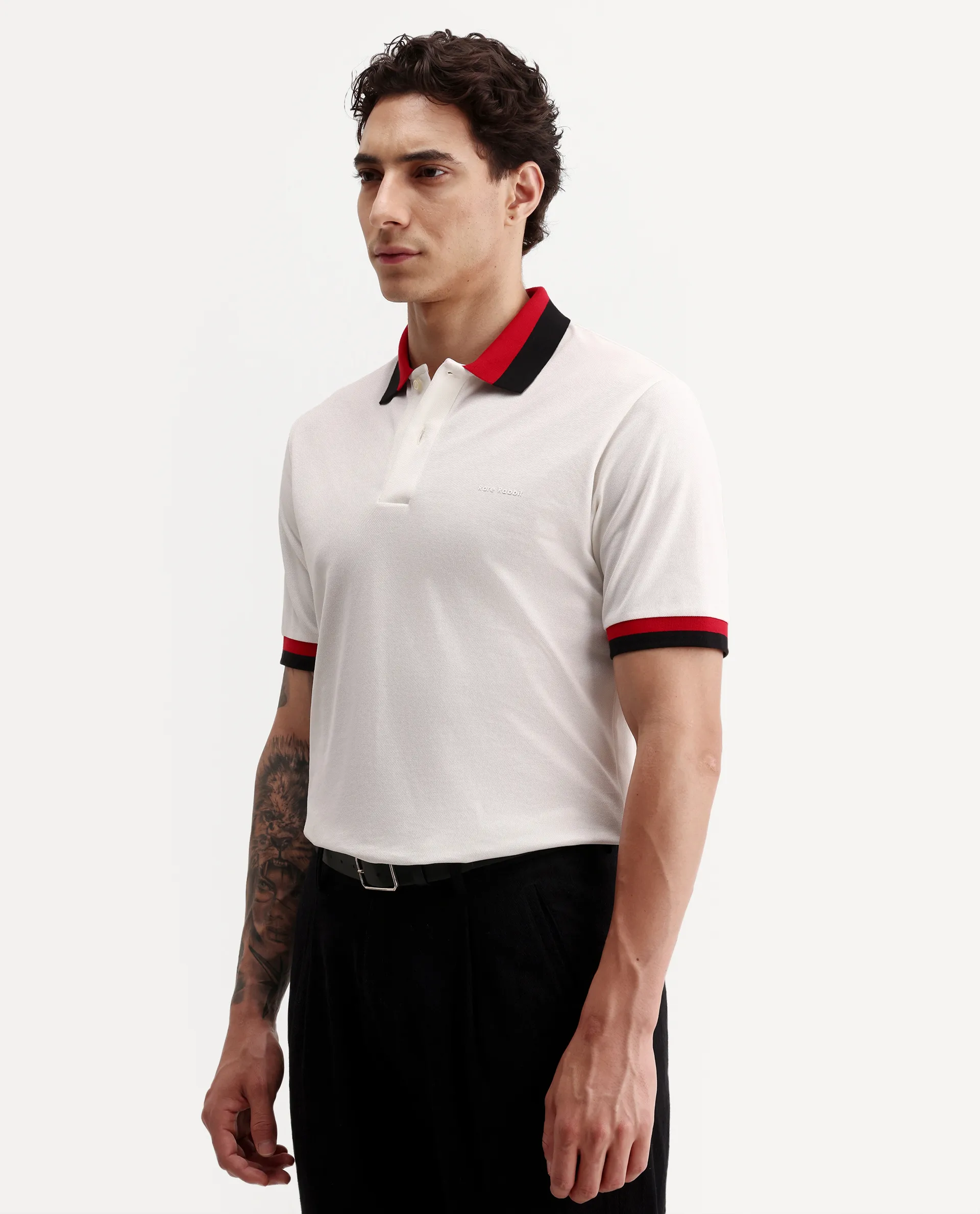 Rare Rabbit Men's Nilo White Cotton Spread Collar Button Regular Fit Plain Polo - Image 5