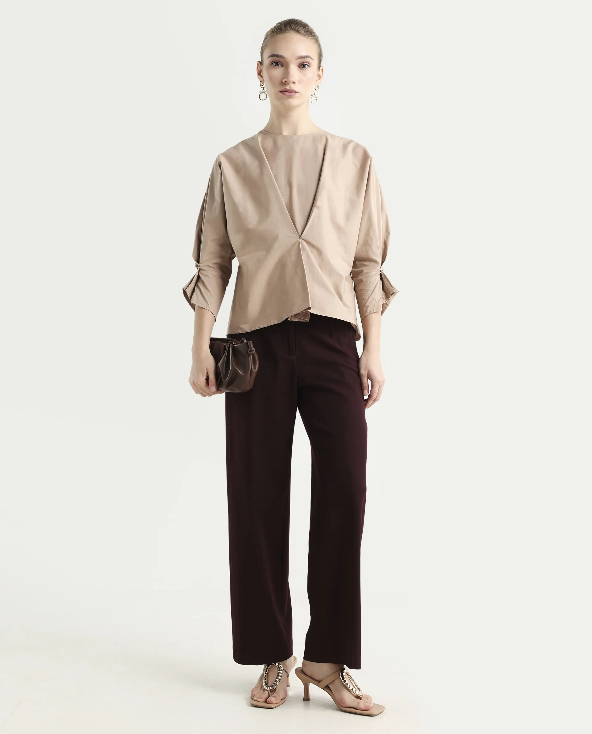 Rareism Women's Niloc - Beige Cotton Blend Crew Neck Plain Fashion Sleeve Relaxed Fit Top - Image 2
