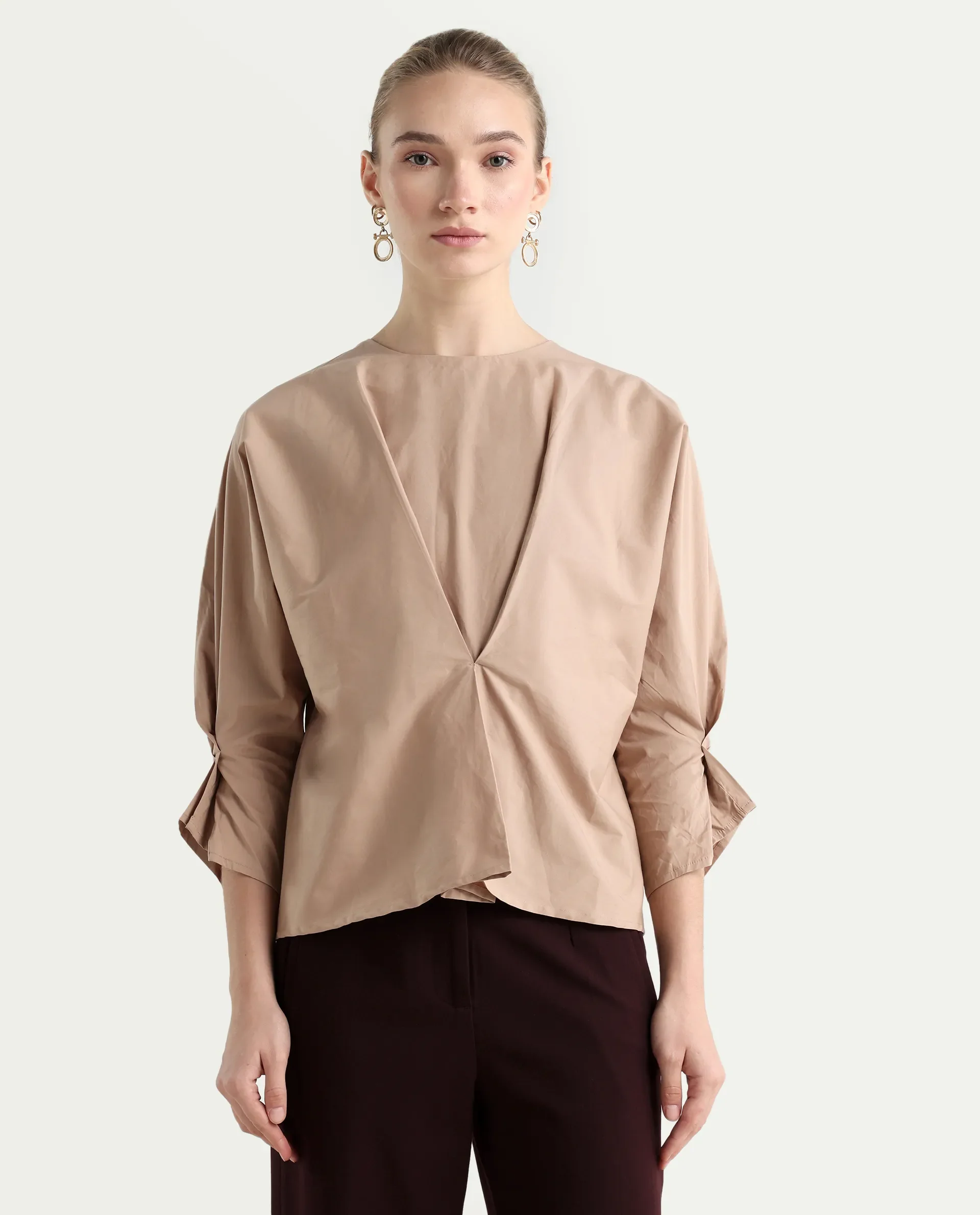 Rareism Women's Niloc - Beige Cotton Blend Crew Neck Plain Fashion Sleeve Relaxed Fit Top - Image 3