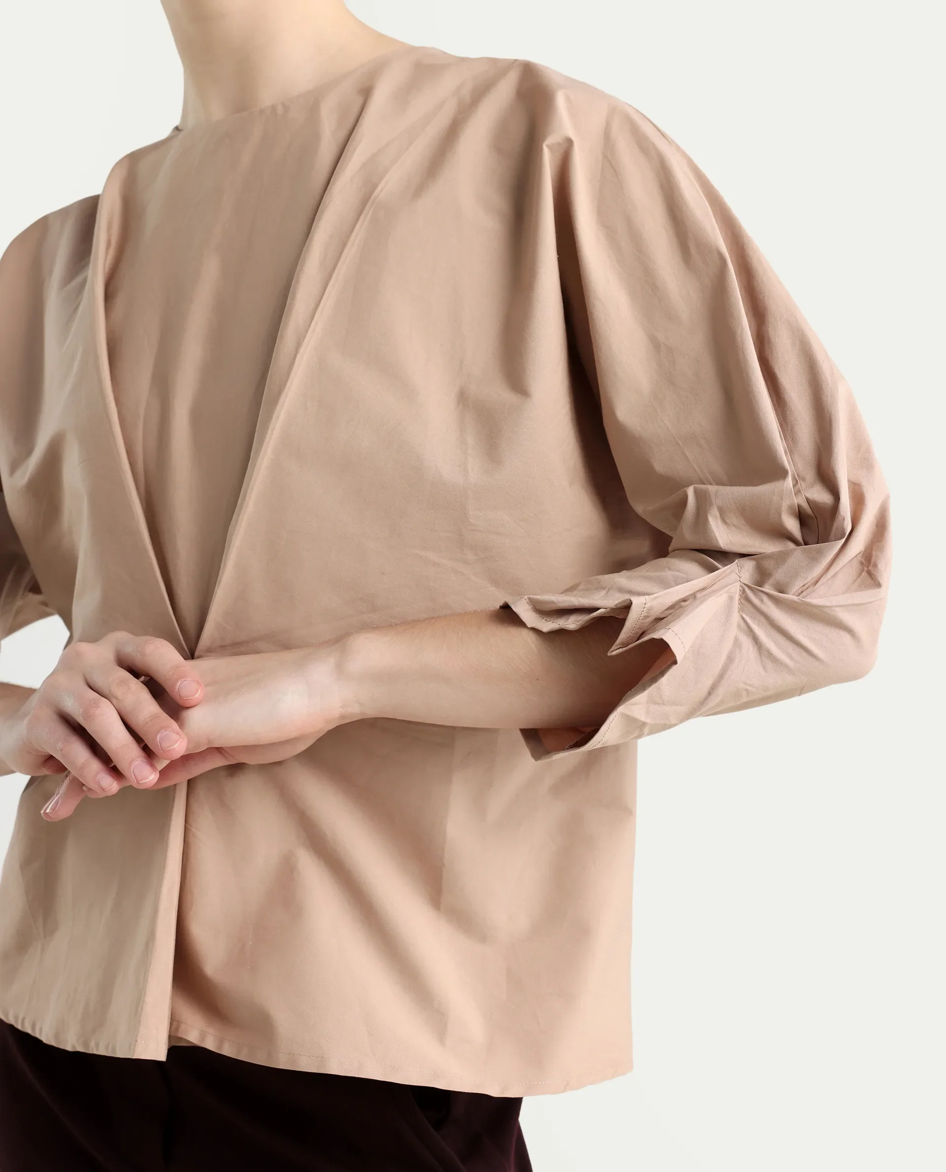 Rareism Women's Niloc - Beige Cotton Blend Crew Neck Plain Fashion Sleeve Relaxed Fit Top - Image 4