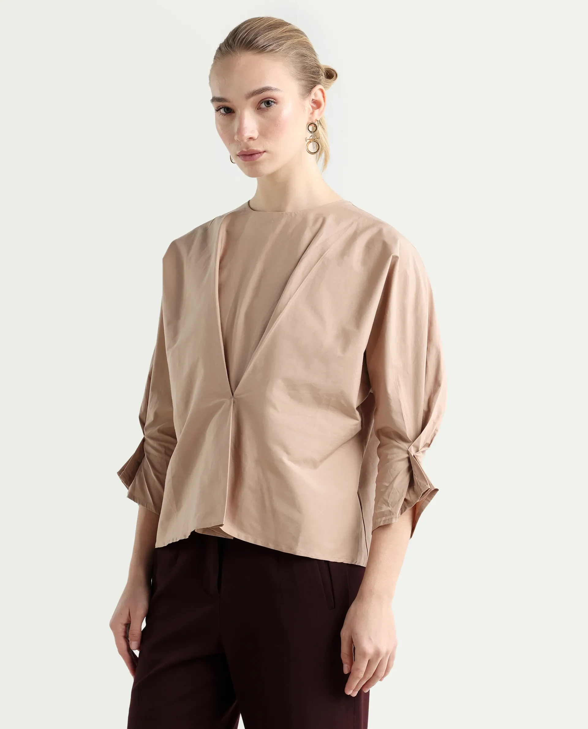 Rareism Women's Niloc - Beige Cotton Blend Crew Neck Plain Fashion Sleeve Relaxed Fit Top - Image 5