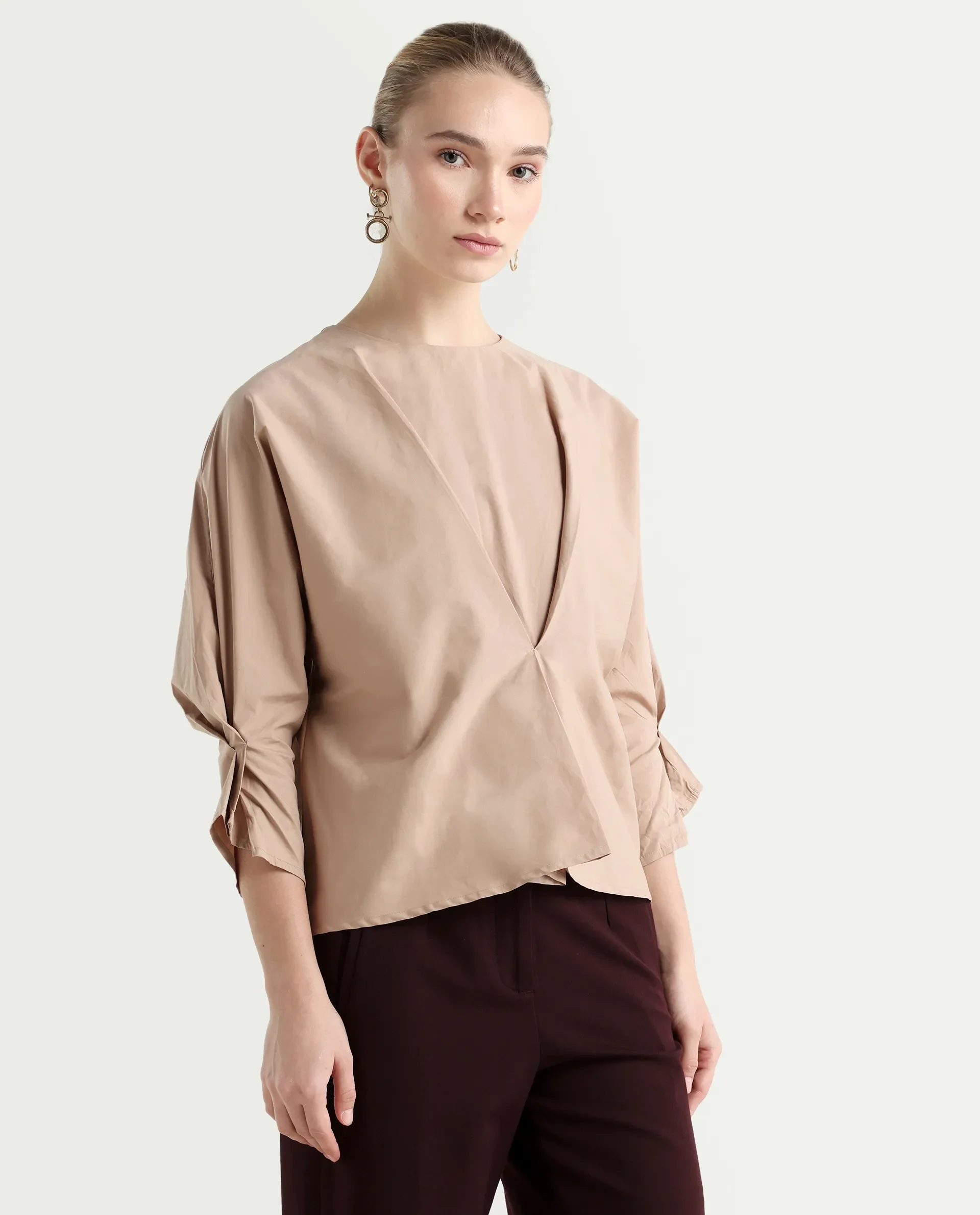 Rareism Women's Niloc - Beige Cotton Blend Crew Neck Plain Fashion Sleeve Relaxed Fit Top - Image 6