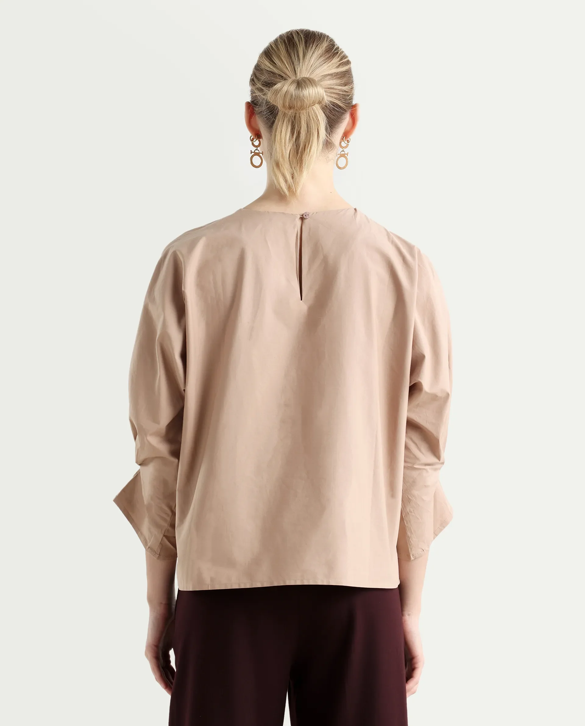 Rareism Women's Niloc - Beige Cotton Blend Crew Neck Plain Fashion Sleeve Relaxed Fit Top - Image 7