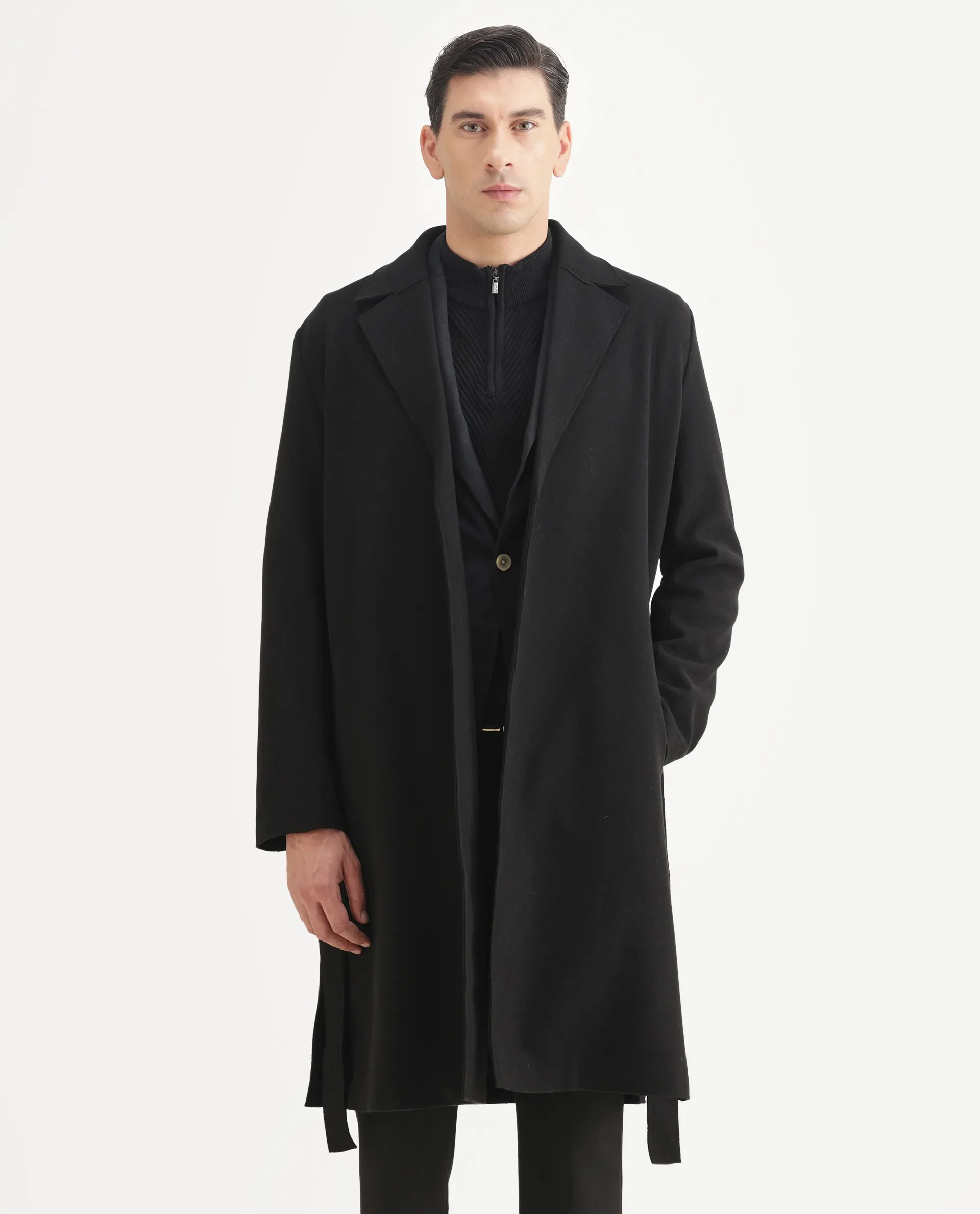 Rare Rabbit Men's Nima Black Polyester Blend Fabric Collared Neck Relaxed Plain Coat - Image 2
