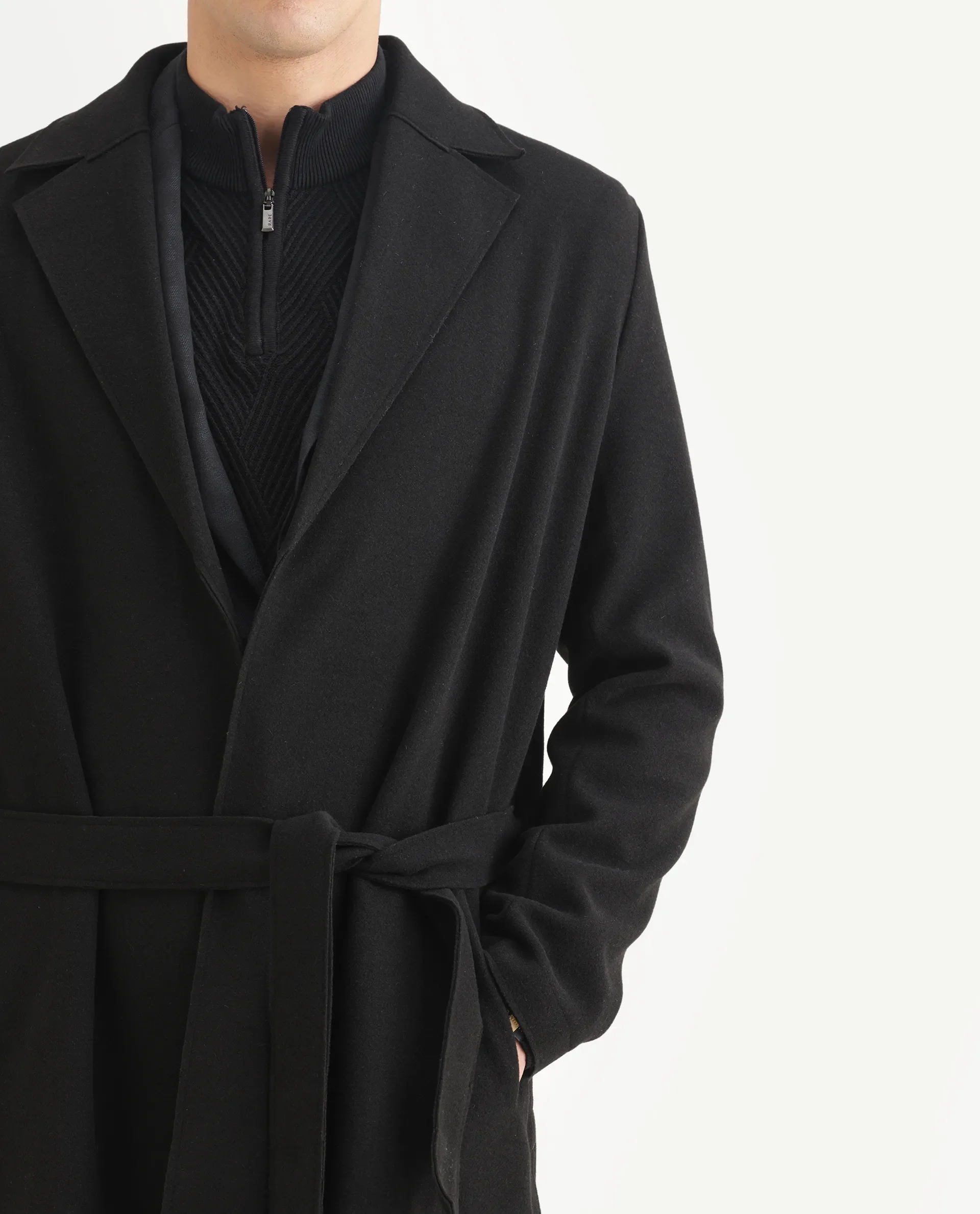 Rare Rabbit Men's Nima Black Polyester Blend Fabric Collared Neck Relaxed Plain Coat - Image 4
