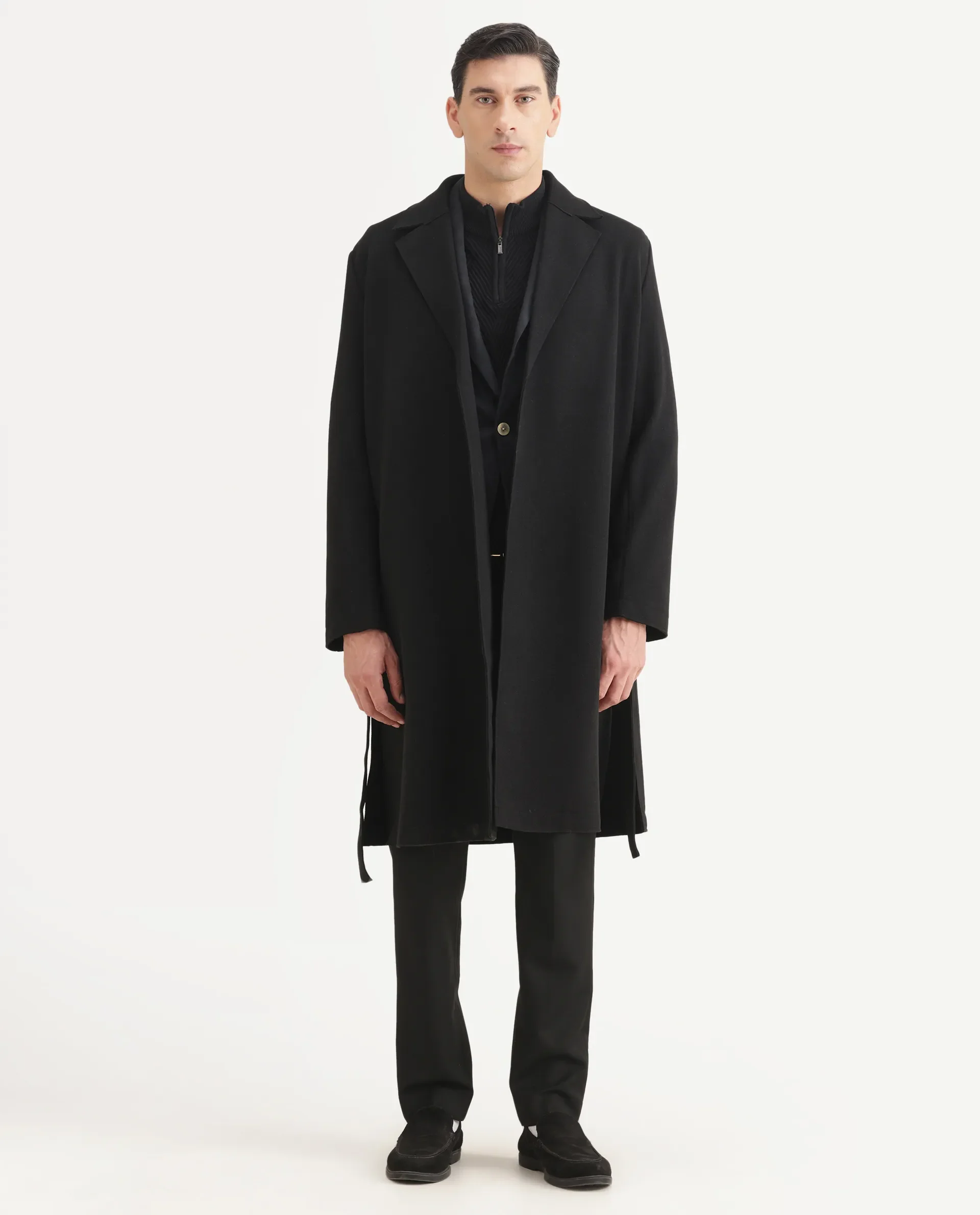 Rare Rabbit Men's Nima Black Polyester Blend Fabric Collared Neck Relaxed Plain Coat - Image 7
