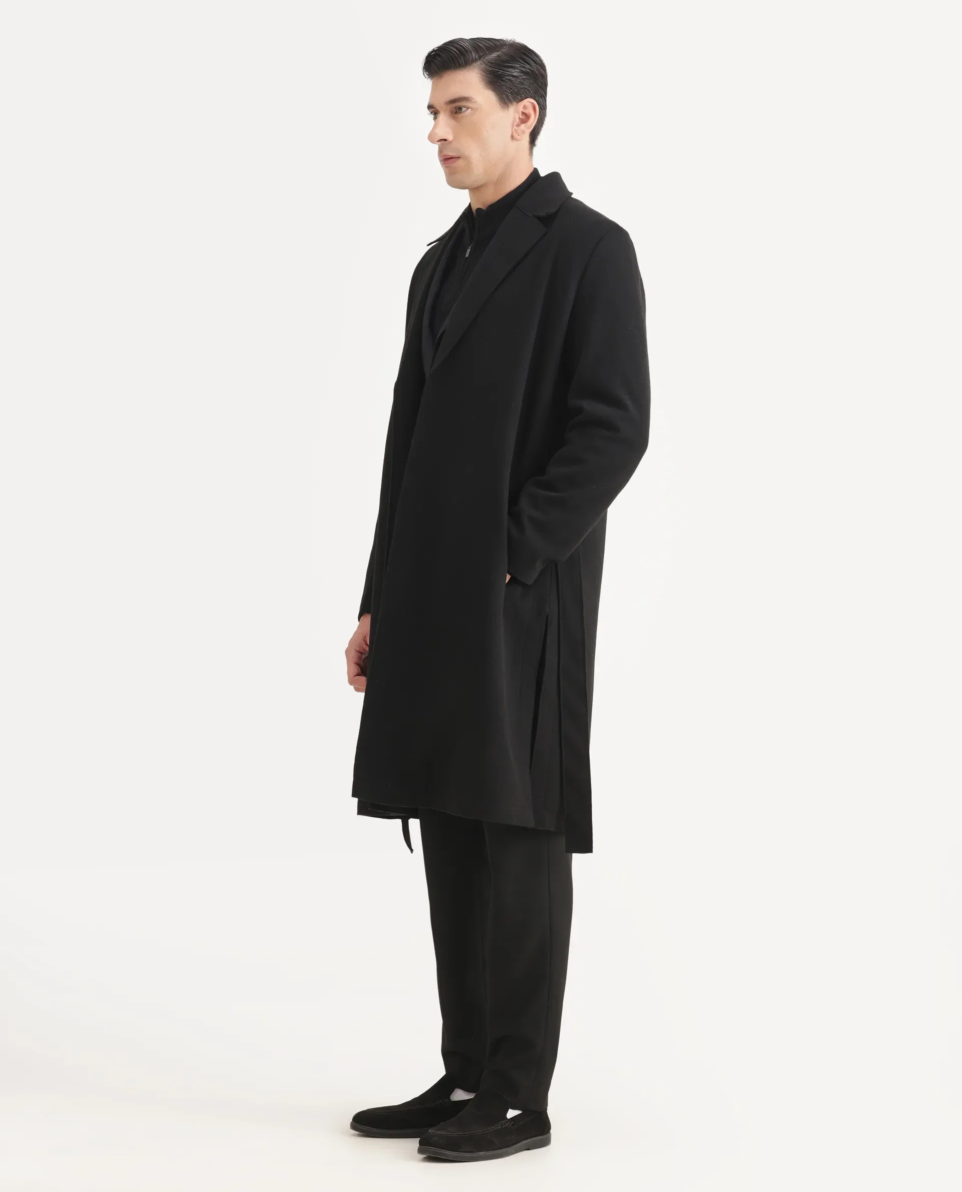 Rare Rabbit Men's Nima Black Polyester Blend Fabric Collared Neck Relaxed Plain Coat - Image 8