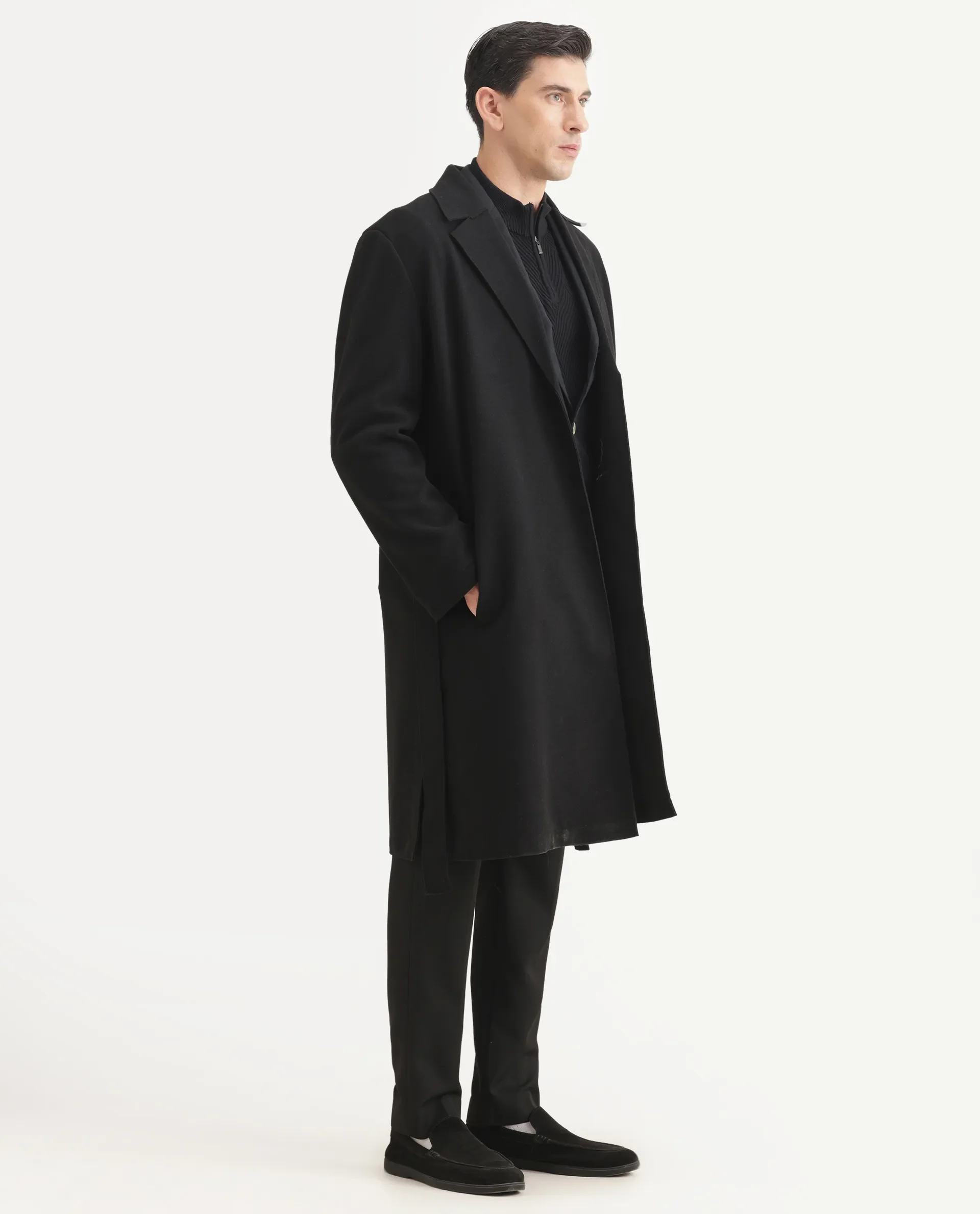 Rare Rabbit Men's Nima Black Polyester Blend Fabric Collared Neck Relaxed Plain Coat - Image 9