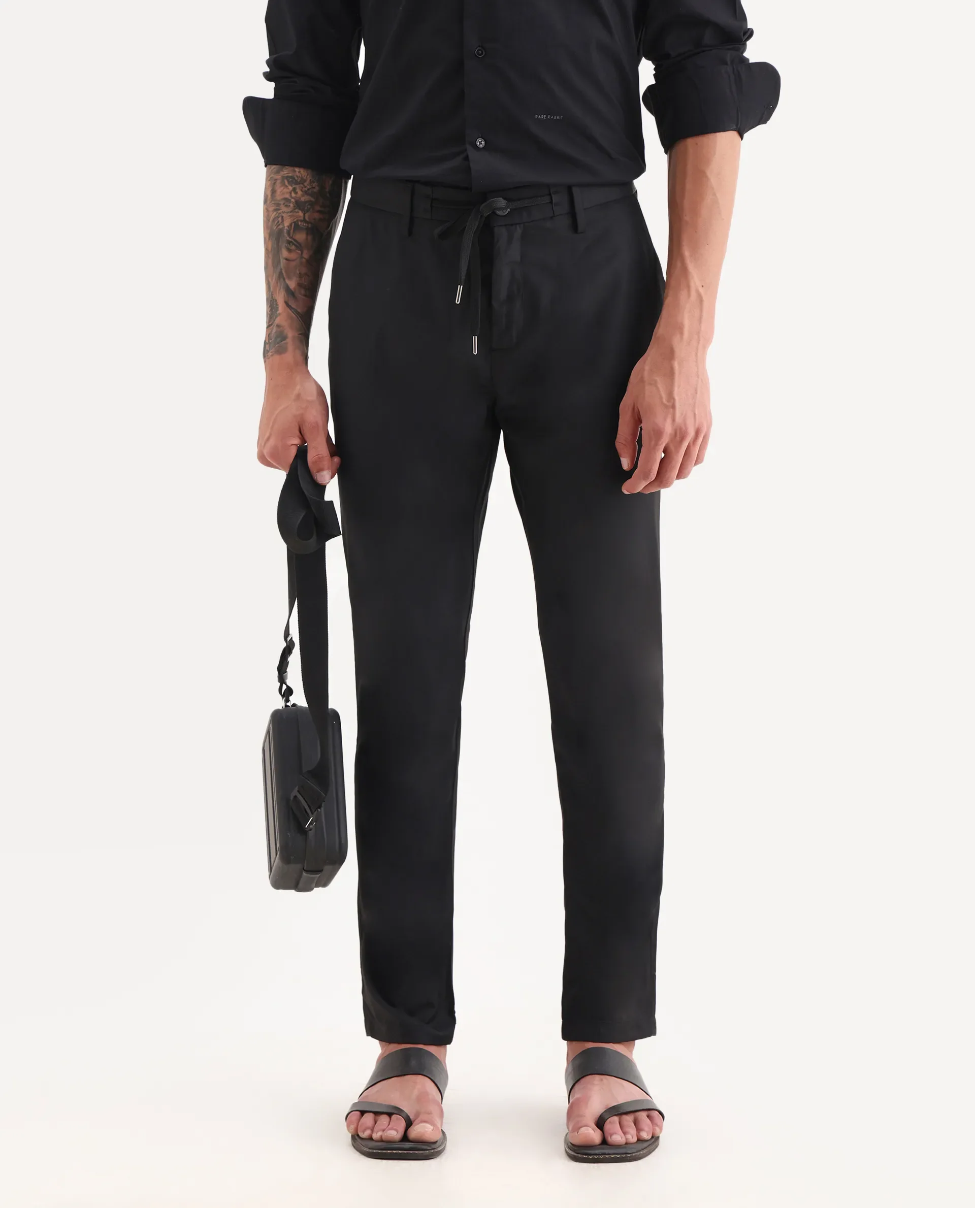 Rare Rabbit Men's Nimb Black Polyester Fabric Drawstring And Button Closure High Rise Regular Fit Solid Trousers - Image 2