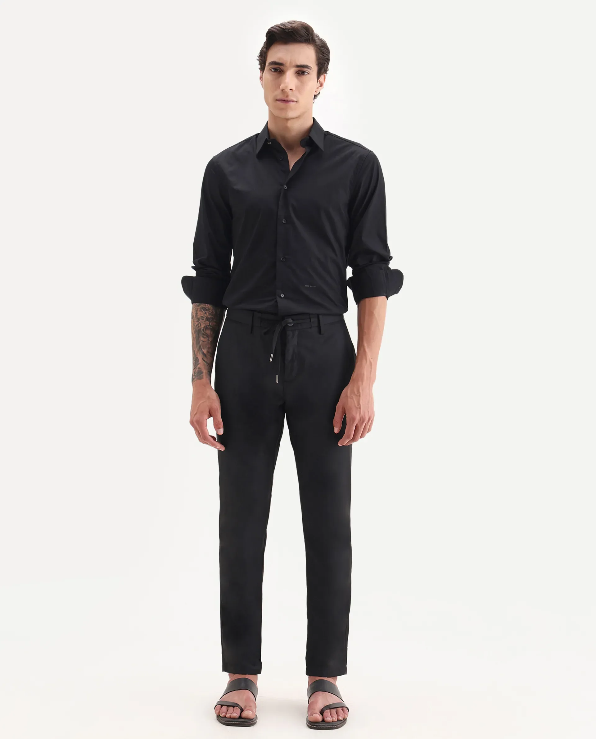 Rare Rabbit Men's Nimb Black Polyester Fabric Drawstring And Button Closure High Rise Regular Fit Solid Trousers - Image 4