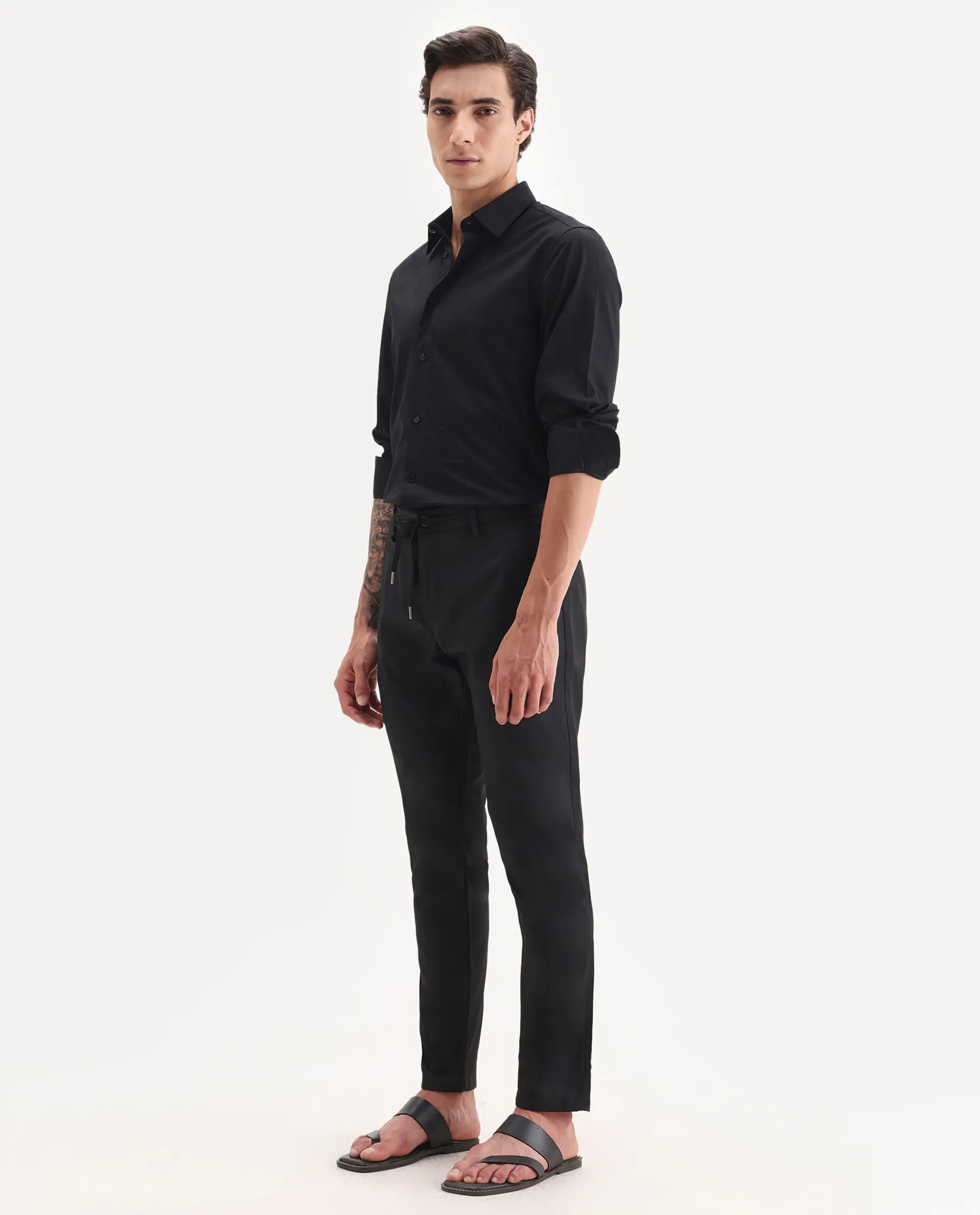 Rare Rabbit Men's Nimb Black Polyester Fabric Drawstring And Button Closure High Rise Regular Fit Solid Trousers - Image 5