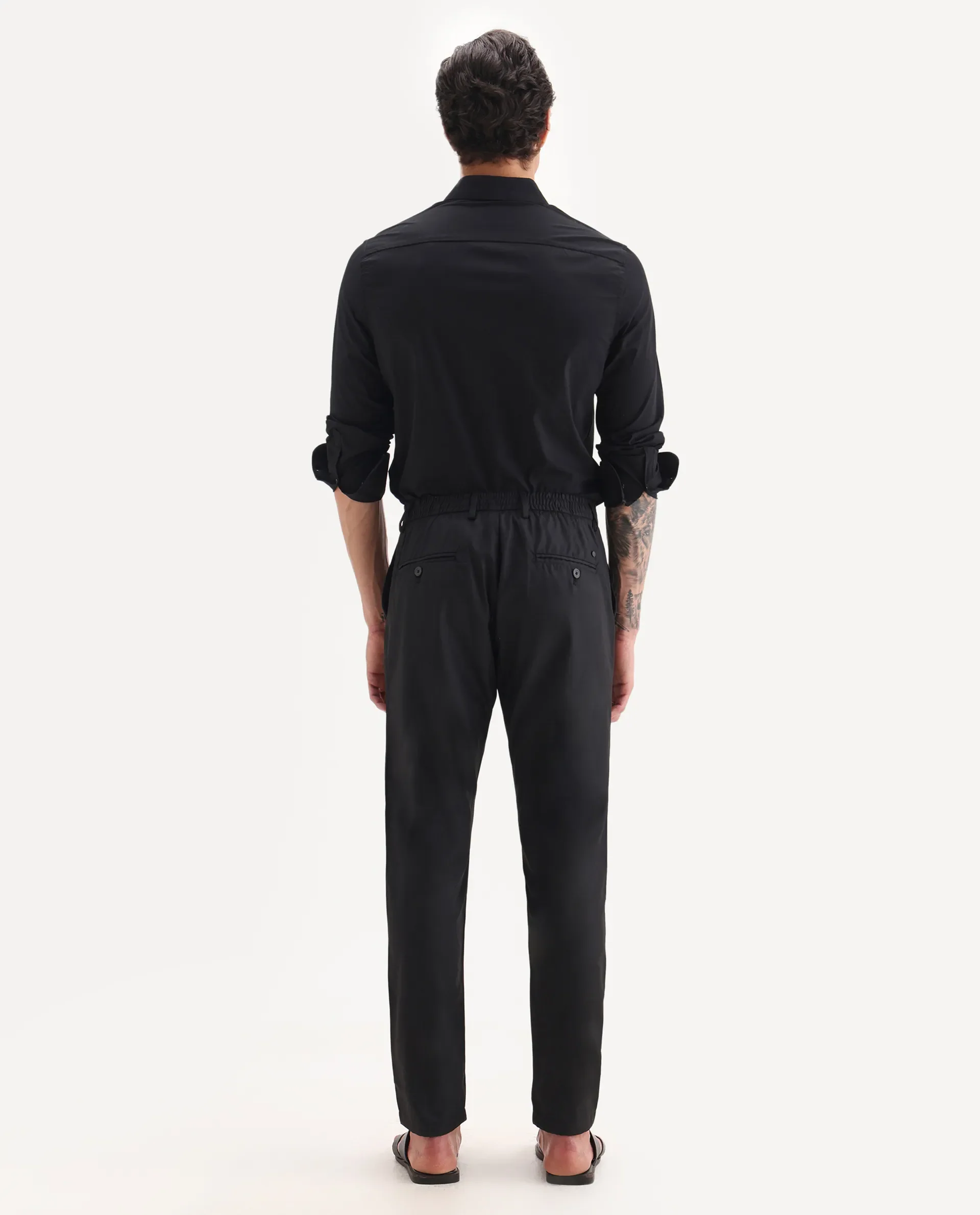 Rare Rabbit Men's Nimb Black Polyester Fabric Drawstring And Button Closure High Rise Regular Fit Solid Trousers - Image 7