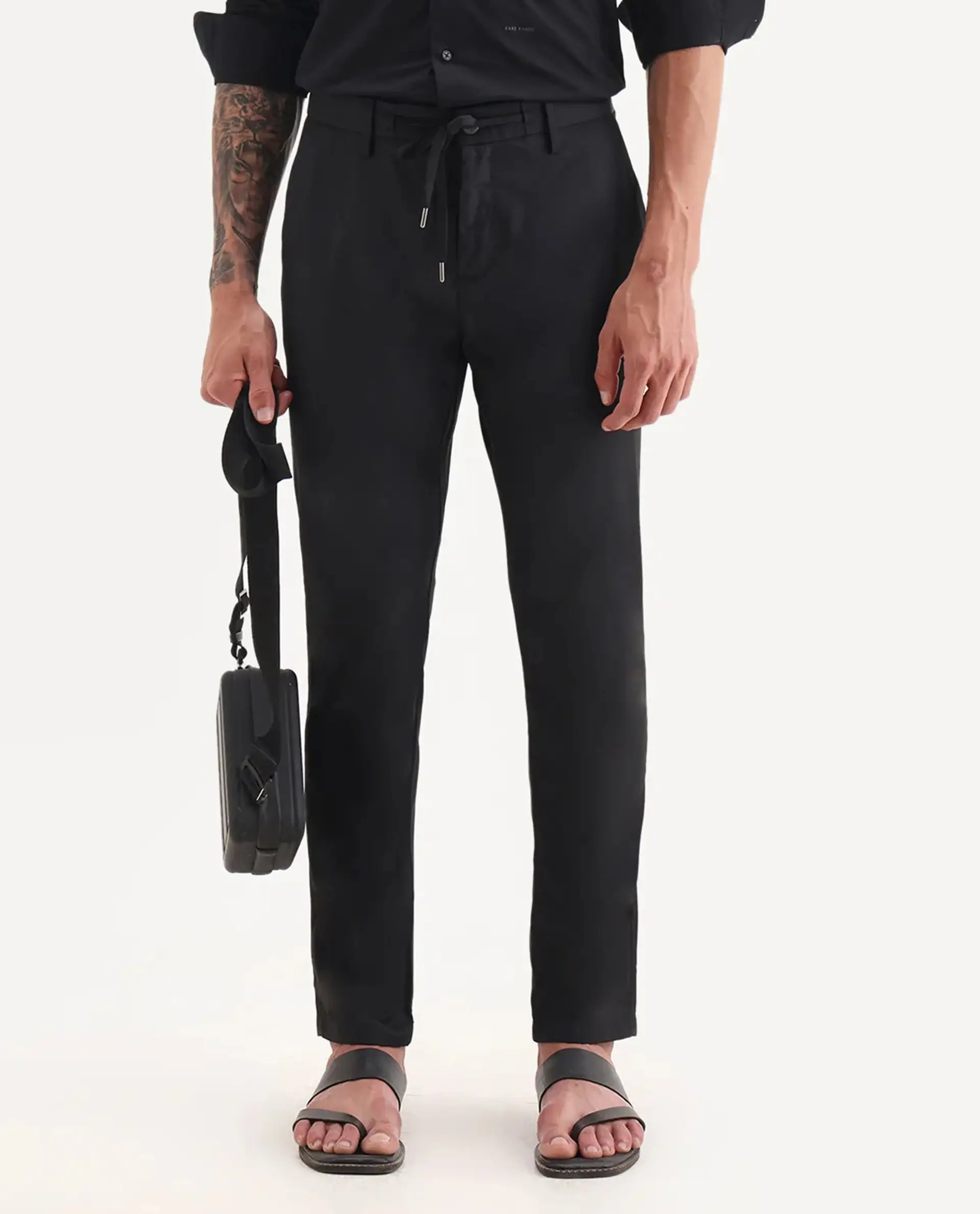 Rare Rabbit Men's Nimb Black Polyester Fabric Drawstring And Button Closure High Rise Regular Fit Solid Trousers - Image 8