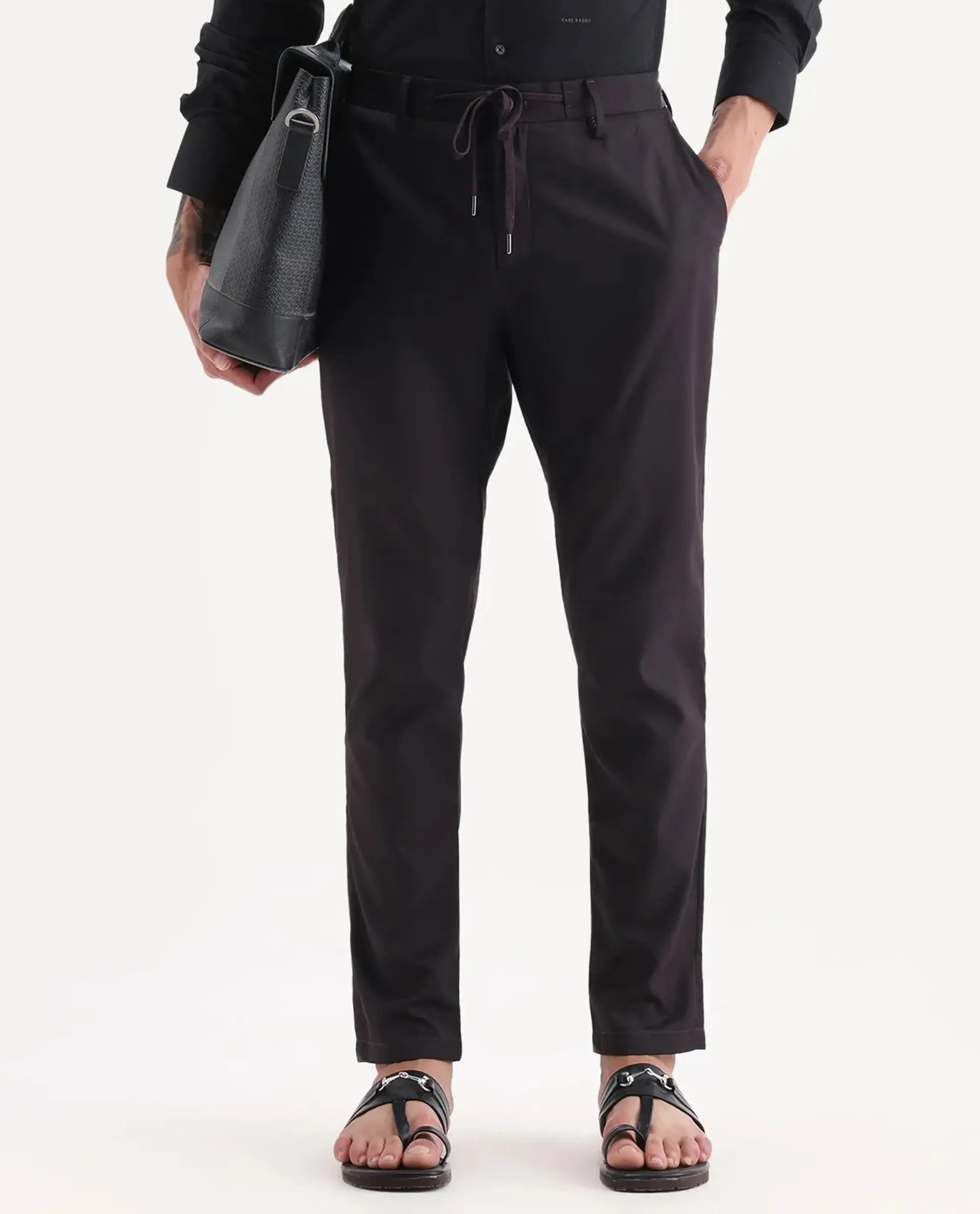 Rare Rabbit Men's Nimb Dark Maroon Polyester Fabric Drawstring And Button Closure Regular Fit Solid Trousers - Image 9