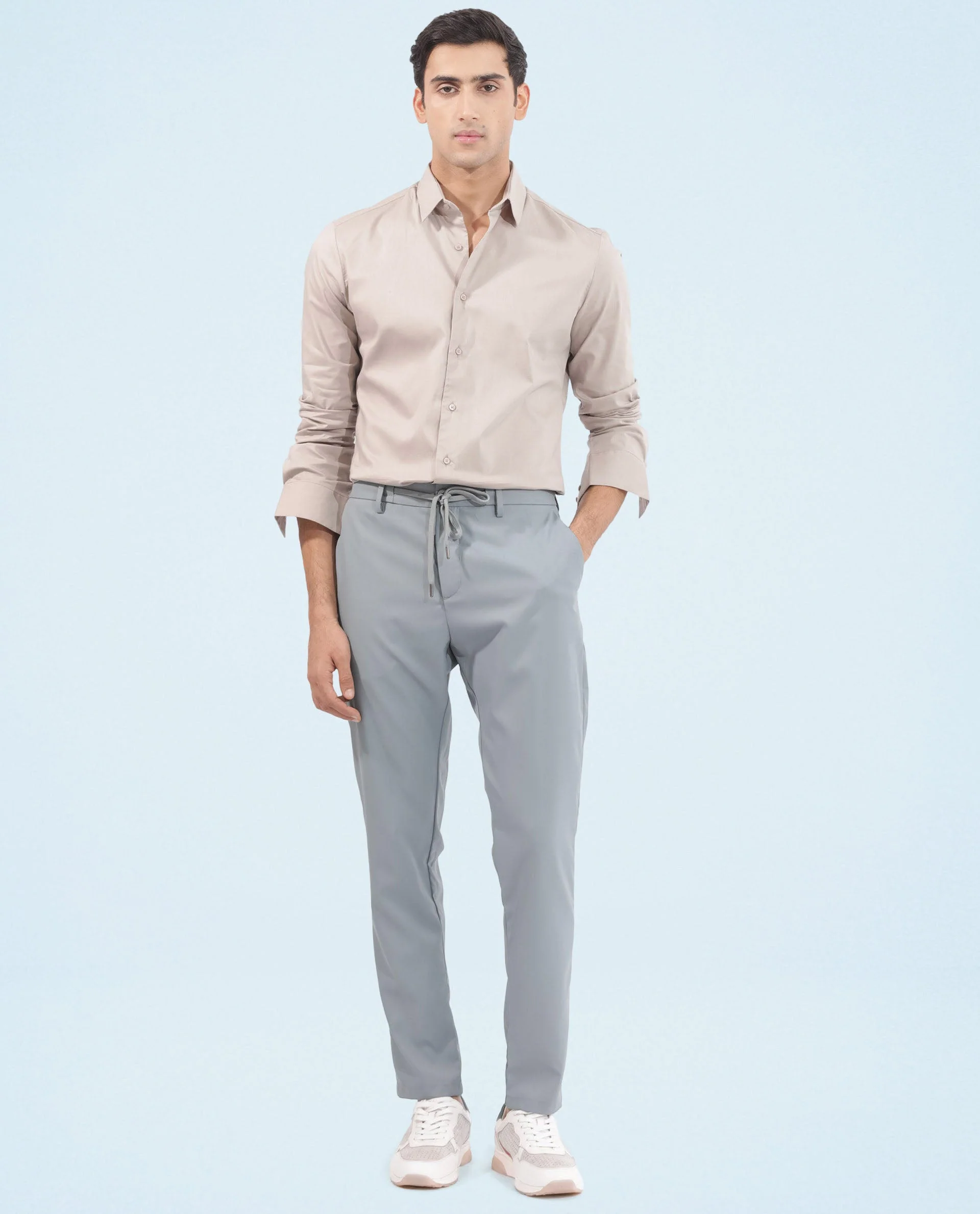 Rare Rabbit Men's Nimb Dusky Blue Polyester Fabric Drawstring And Button Closure High Rise Regular Fit Solid Trousers - Image 3