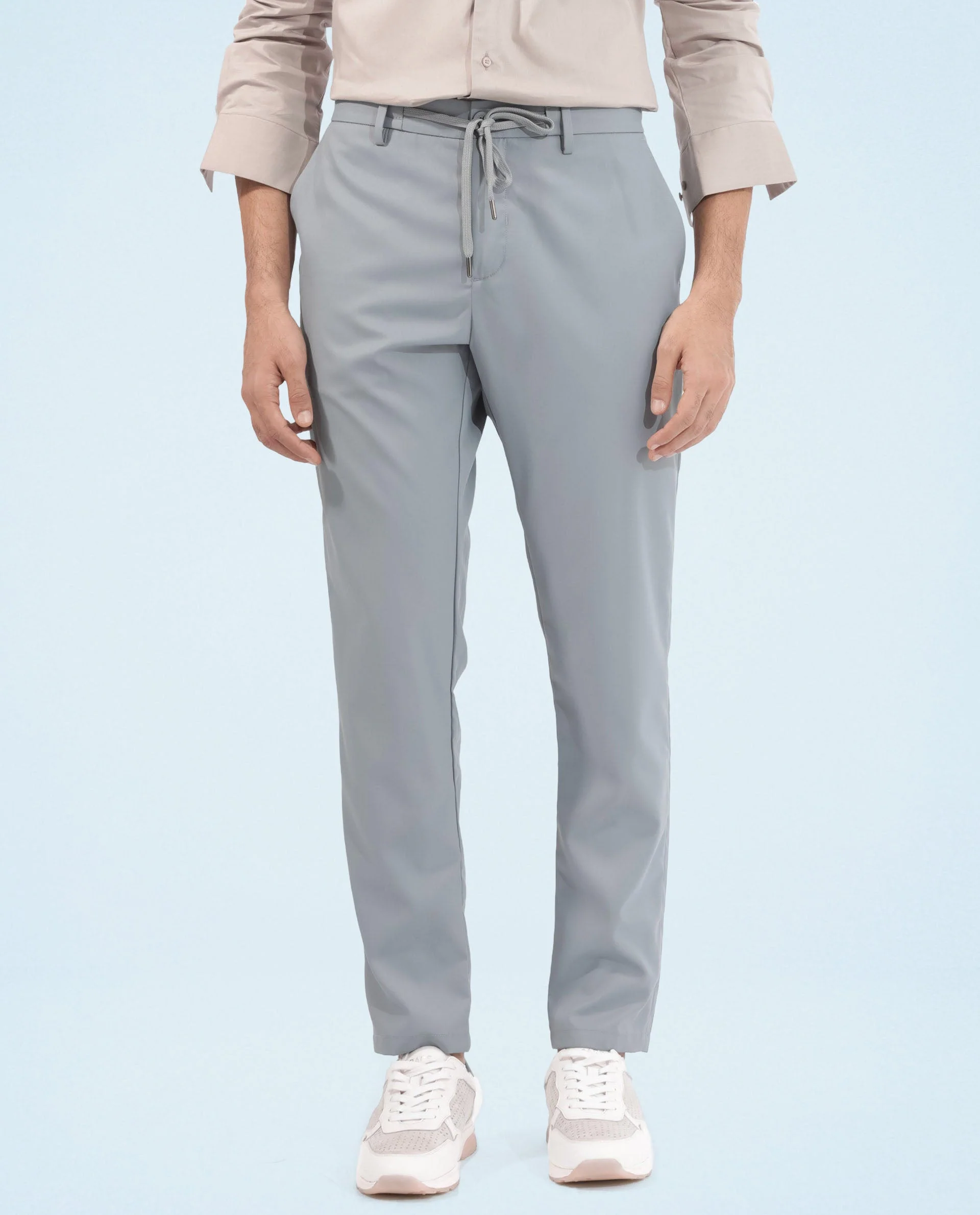 Rare Rabbit Men's Nimb Dusky Blue Polyester Fabric Drawstring And Button Closure High Rise Regular Fit Solid Trousers - Image 4