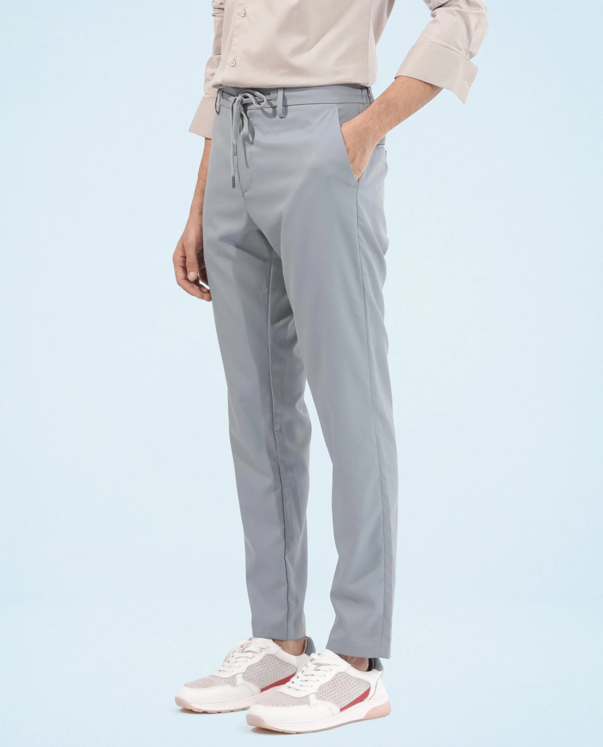 Rare Rabbit Men's Nimb Dusky Blue Polyester Fabric Drawstring And Button Closure High Rise Regular Fit Solid Trousers - Image 5