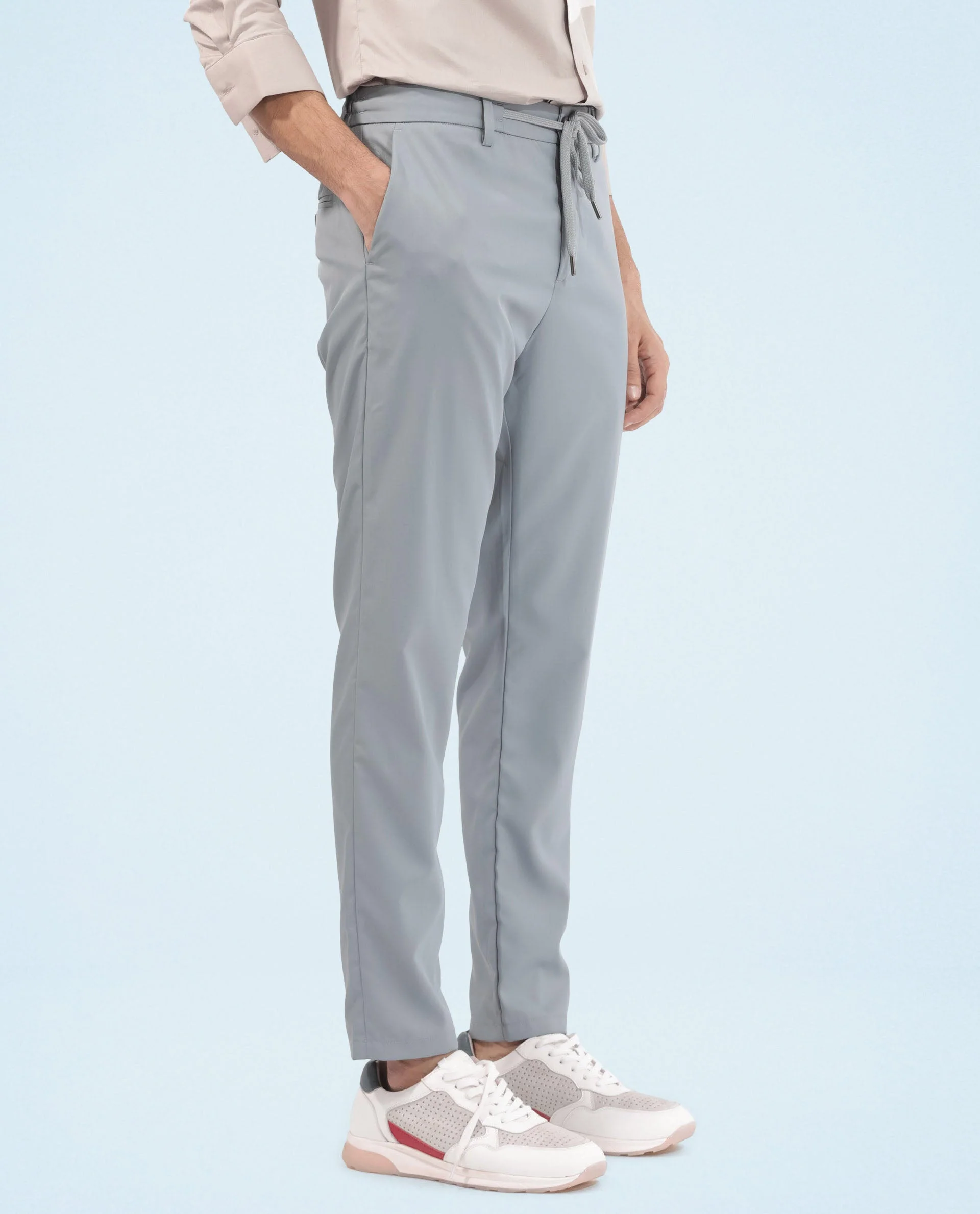Rare Rabbit Men's Nimb Dusky Blue Polyester Fabric Drawstring And Button Closure High Rise Regular Fit Solid Trousers - Image 6