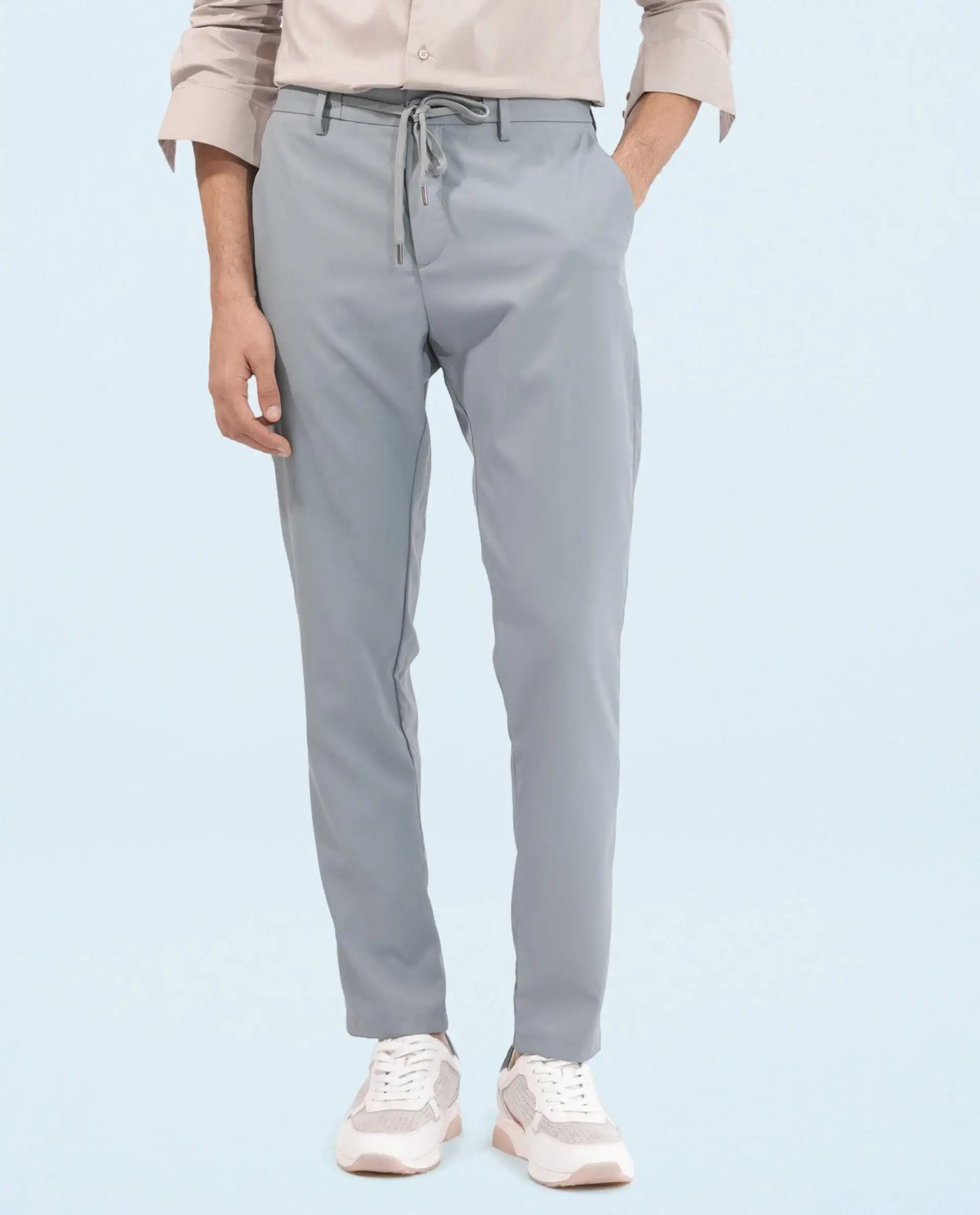 Rare Rabbit Men's Nimb Dusky Blue Polyester Fabric Drawstring And Button Closure High Rise Regular Fit Solid Trousers - Image 9