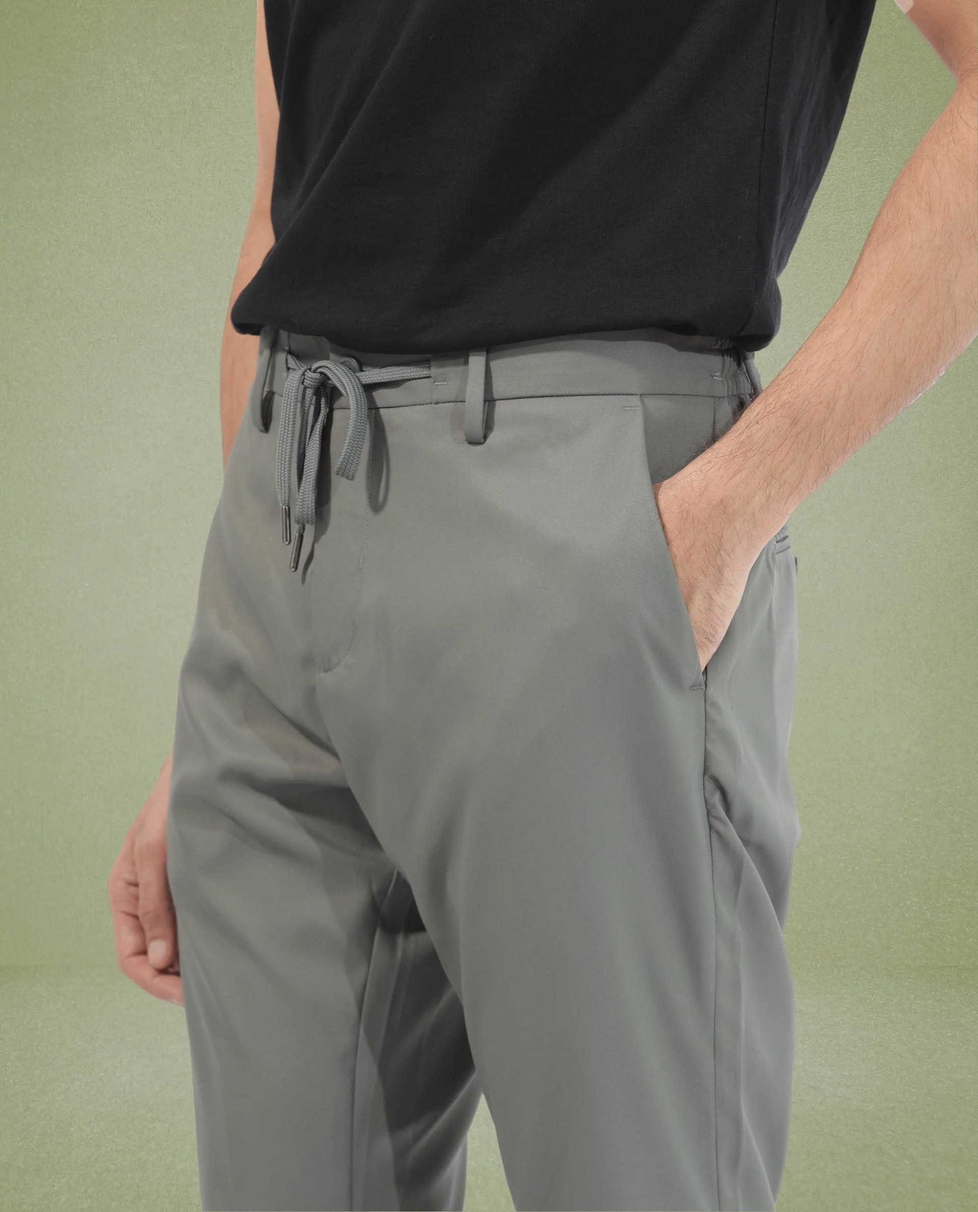 Rare Rabbit Men's Nimb Dusky Green Polyester Fabric Drawstring And Button Closure High Rise Regular Fit Solid Trousers - Image 2