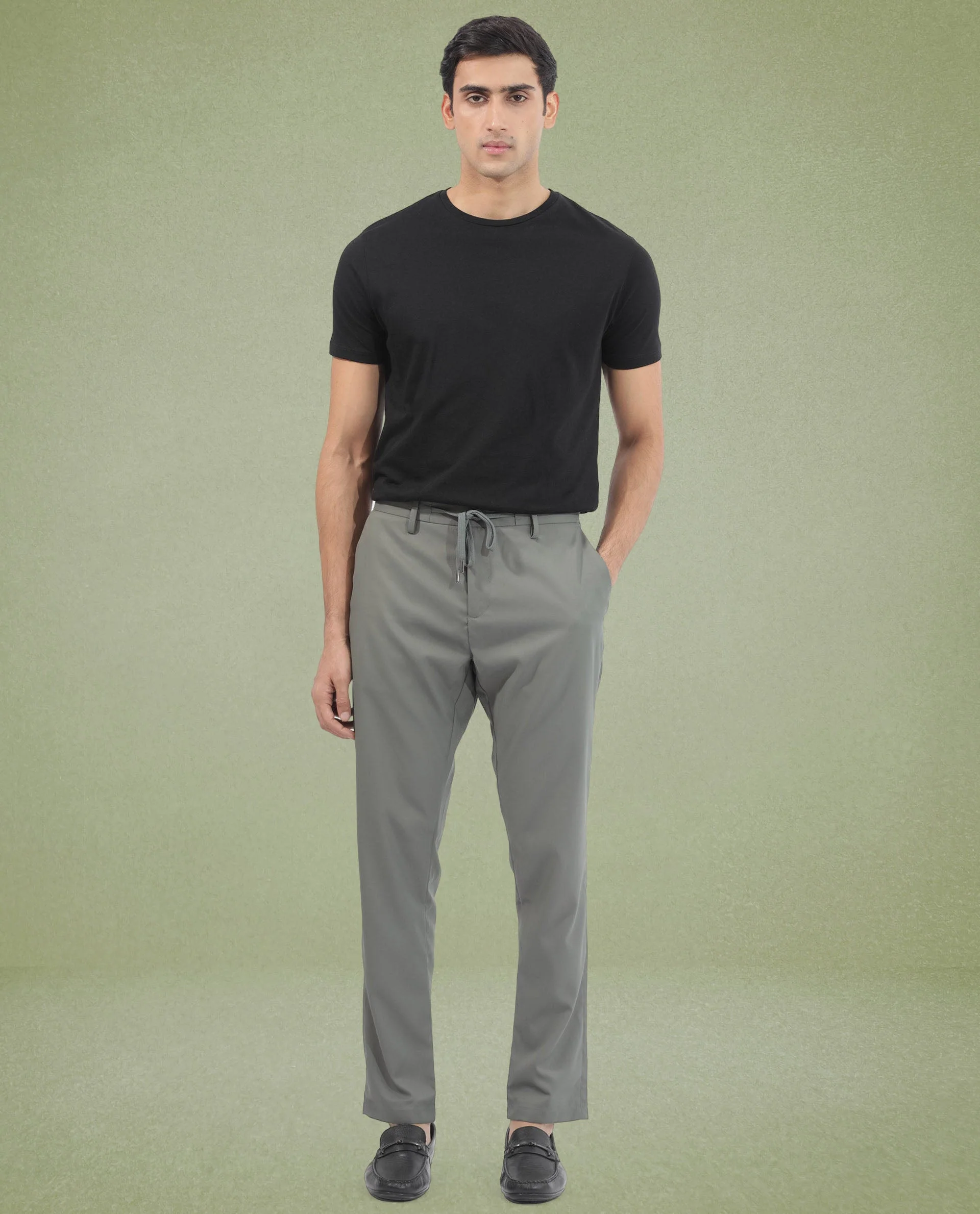 Rare Rabbit Men's Nimb Dusky Green Polyester Fabric Drawstring And Button Closure High Rise Regular Fit Solid Trousers - Image 3