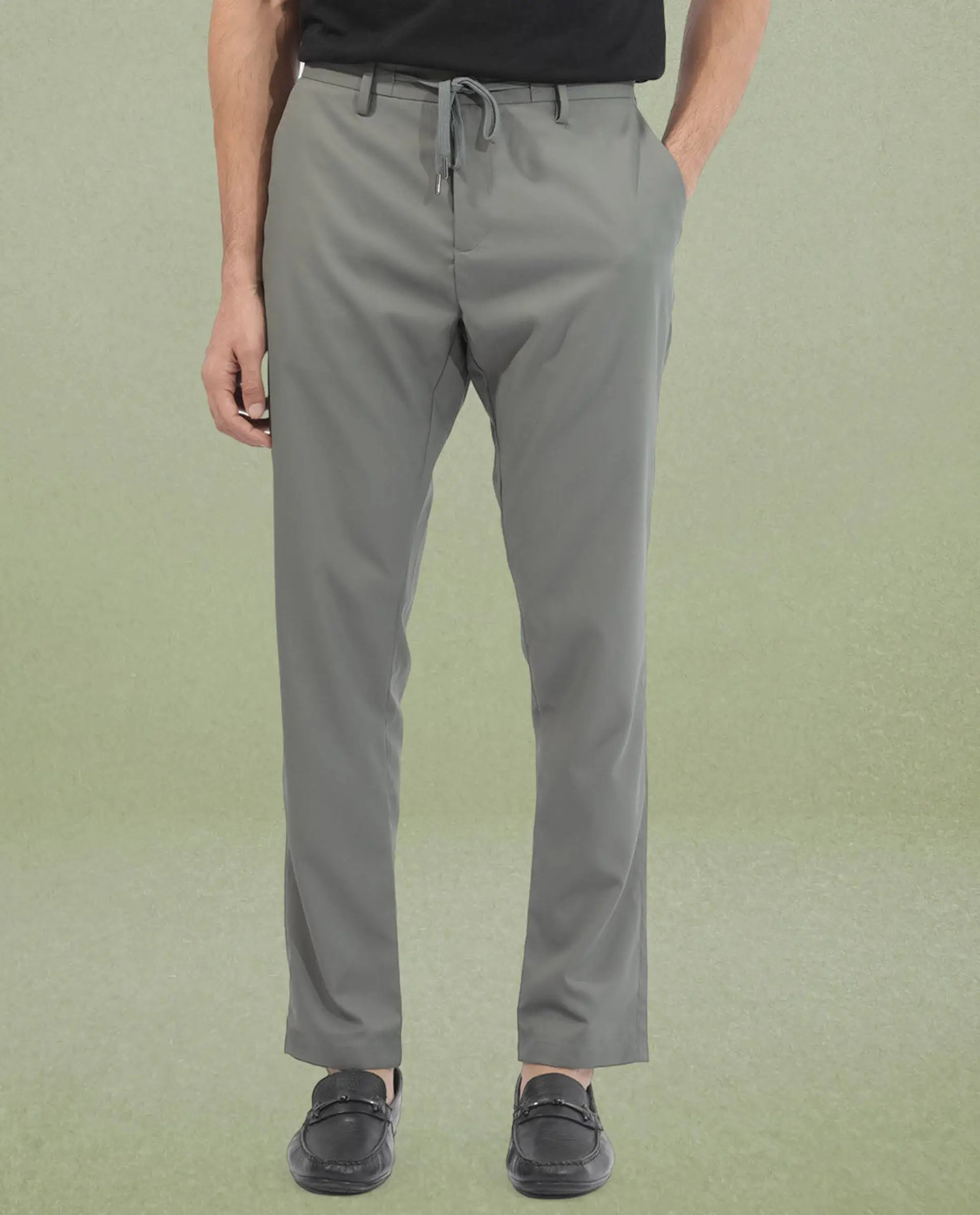 Rare Rabbit Men's Nimb Dusky Green Polyester Fabric Drawstring And Button Closure High Rise Regular Fit Solid Trousers - Image 9
