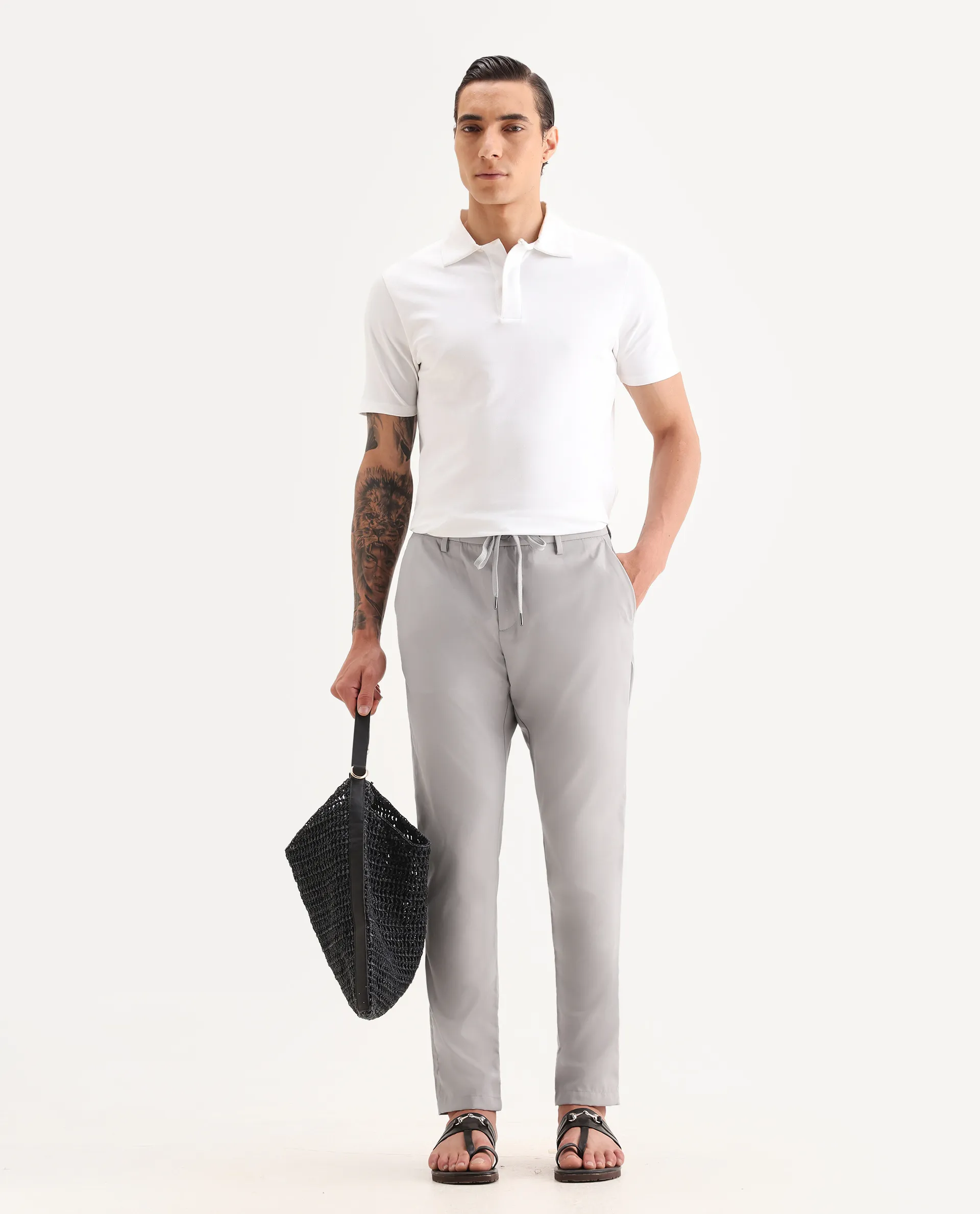 Rare Rabbit Men's Nimb Light Grey Polyester Fabric Drawstring And Button Closure High Rise Regular Fit Solid Trousers