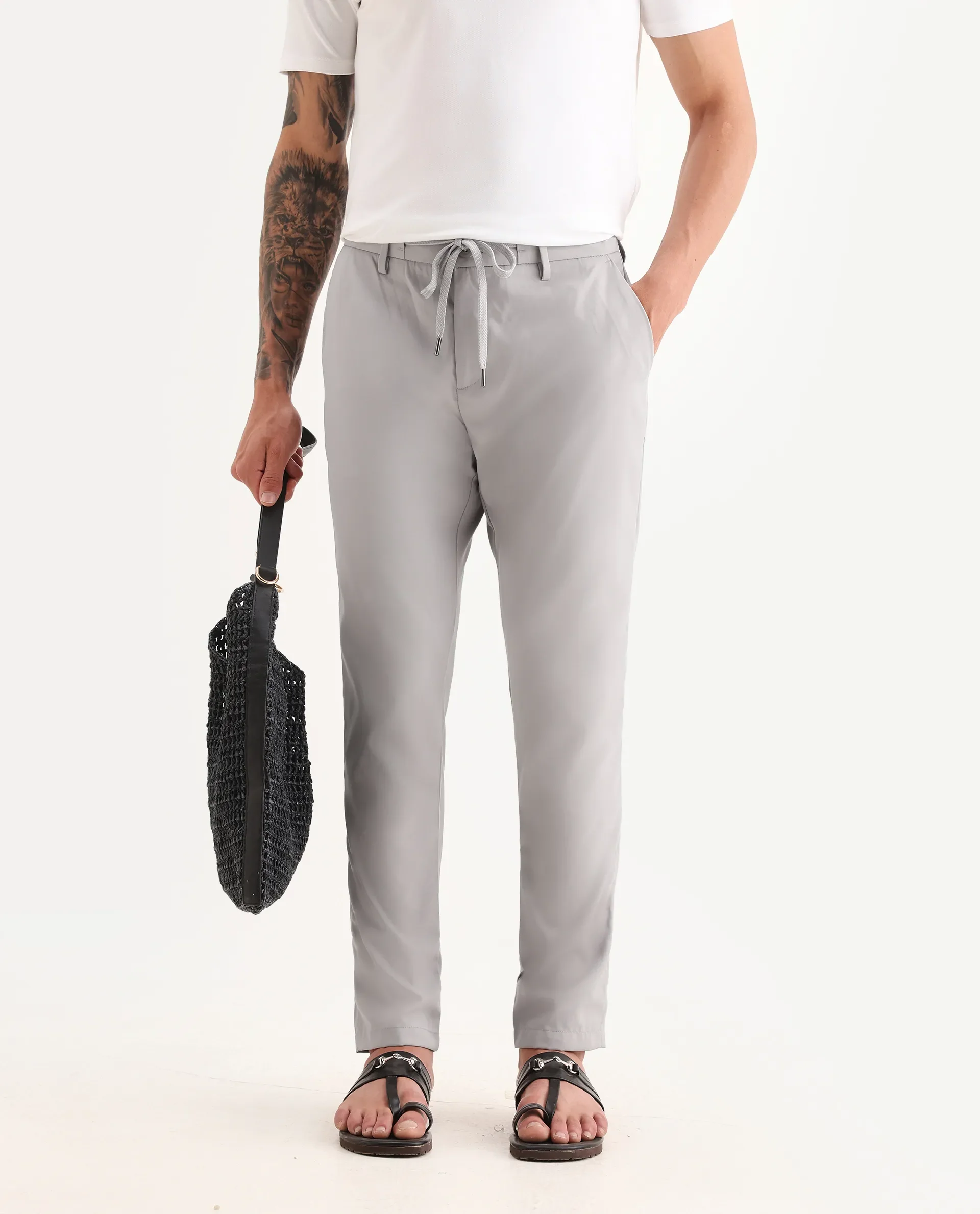 Rare Rabbit Men's Nimb Light Grey Polyester Fabric Drawstring And Button Closure High Rise Regular Fit Solid Trousers - Image 2