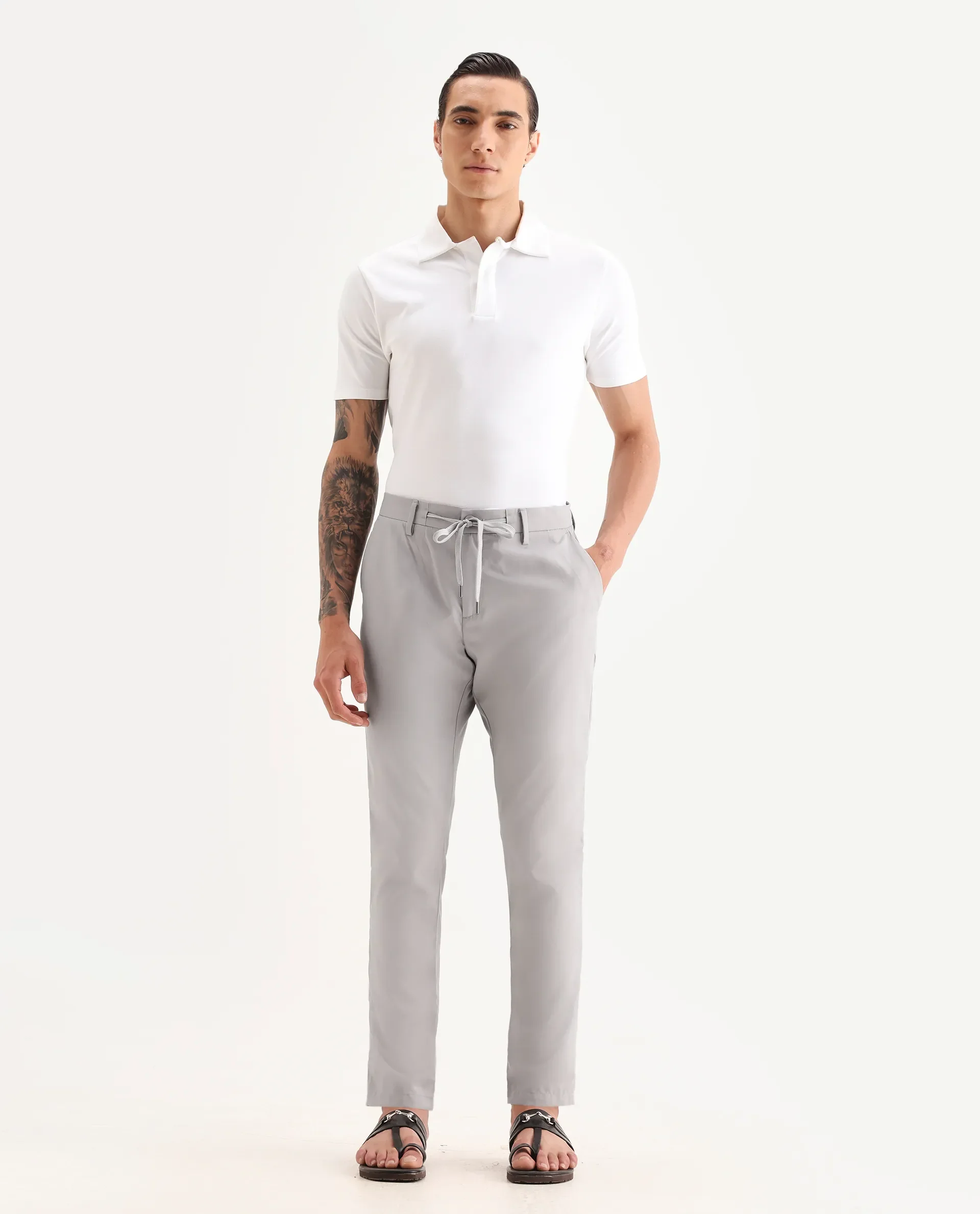 Rare Rabbit Men's Nimb Light Grey Polyester Fabric Drawstring And Button Closure High Rise Regular Fit Solid Trousers - Image 4