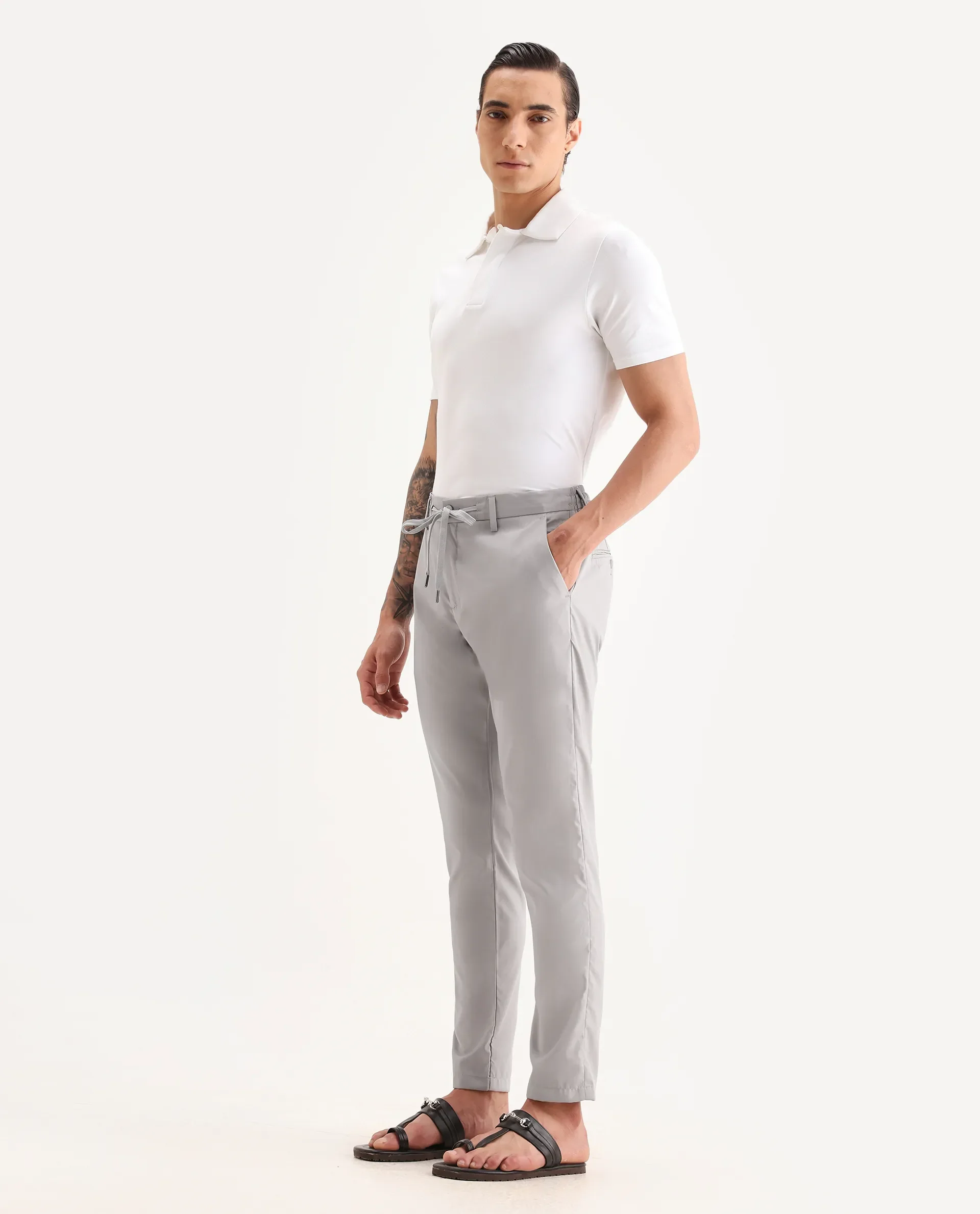 Rare Rabbit Men's Nimb Light Grey Polyester Fabric Drawstring And Button Closure High Rise Regular Fit Solid Trousers - Image 5