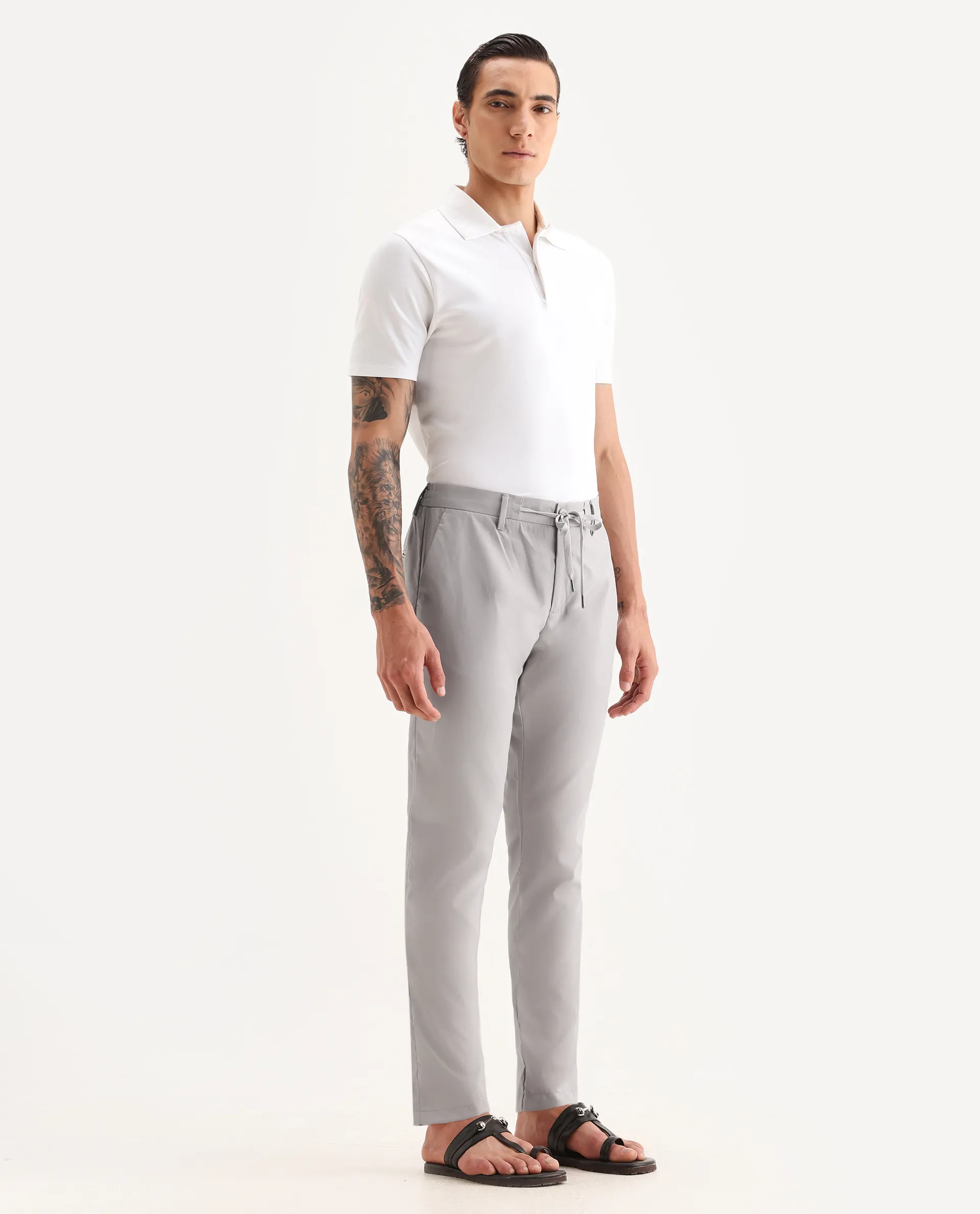 Rare Rabbit Men's Nimb Light Grey Polyester Fabric Drawstring And Button Closure High Rise Regular Fit Solid Trousers - Image 6