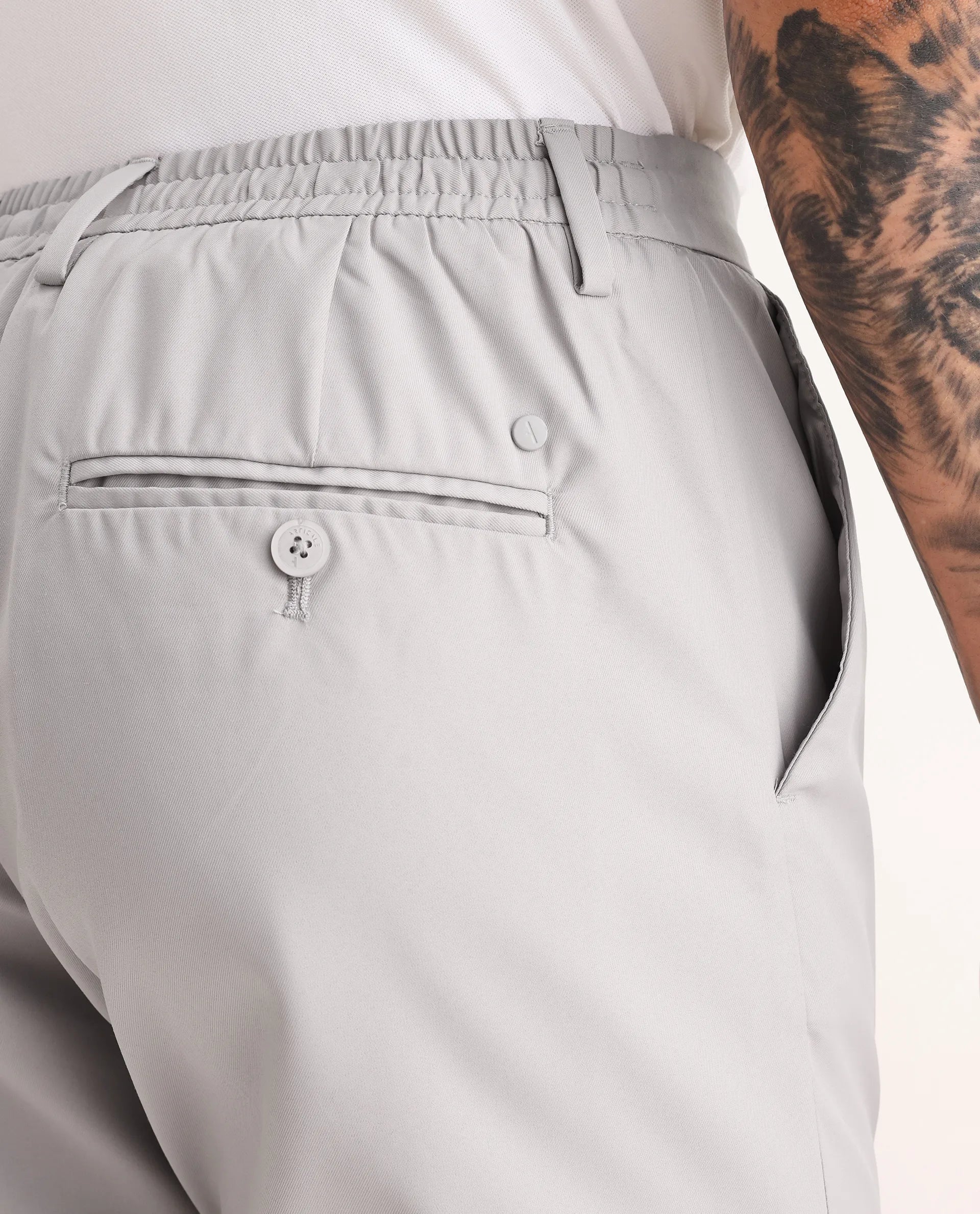 Rare Rabbit Men's Nimb Light Grey Polyester Fabric Drawstring And Button Closure High Rise Regular Fit Solid Trousers - Image 7