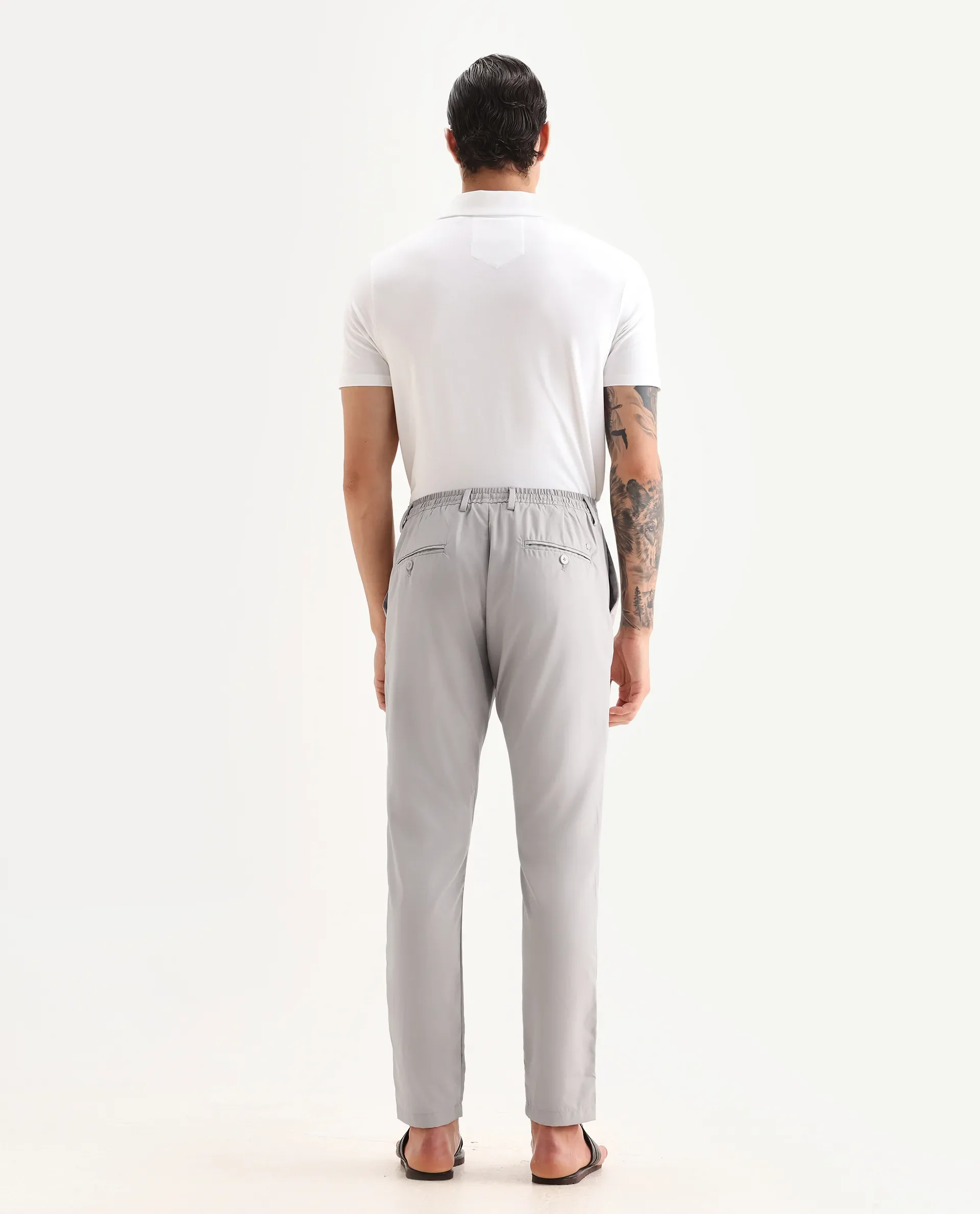 Rare Rabbit Men's Nimb Light Grey Polyester Fabric Drawstring And Button Closure High Rise Regular Fit Solid Trousers - Image 8