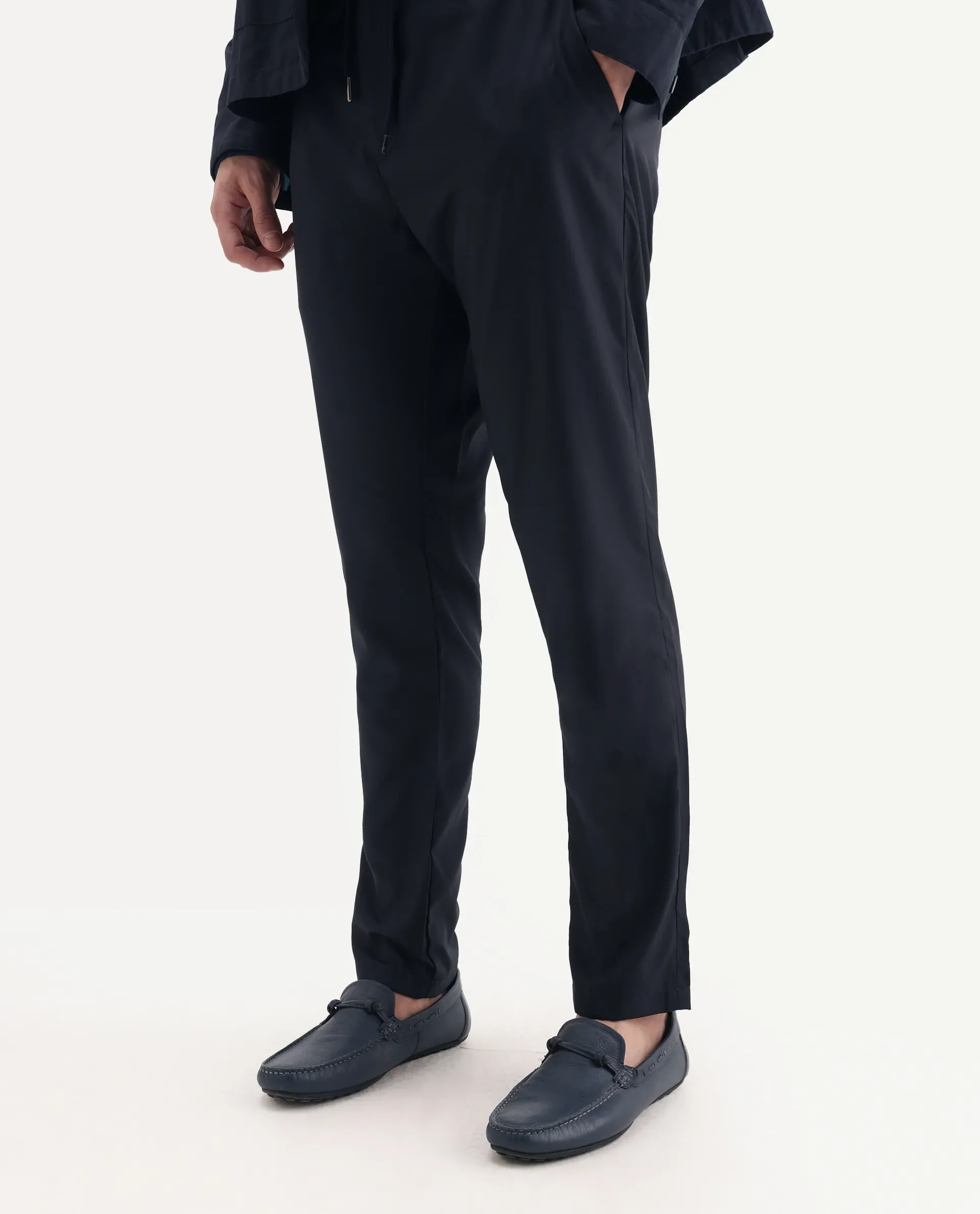 Rare Rabbit Men's Nimb Navy Polyester Fabric Drawstring And Button Closure High Rise Regular Fit Solid Trousers - Image 2