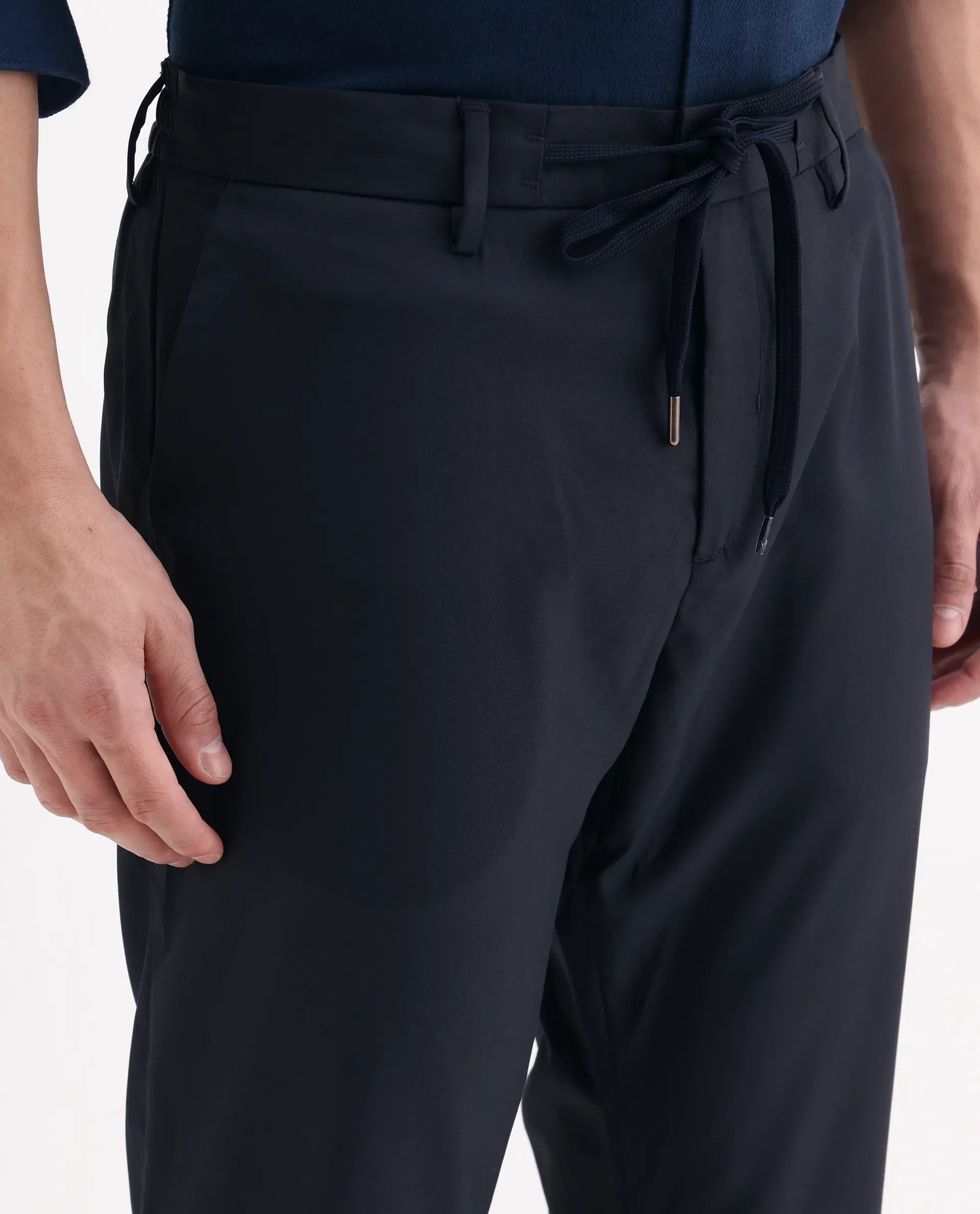 Rare Rabbit Men's Nimb Navy Polyester Fabric Drawstring And Button Closure High Rise Regular Fit Solid Trousers - Image 3