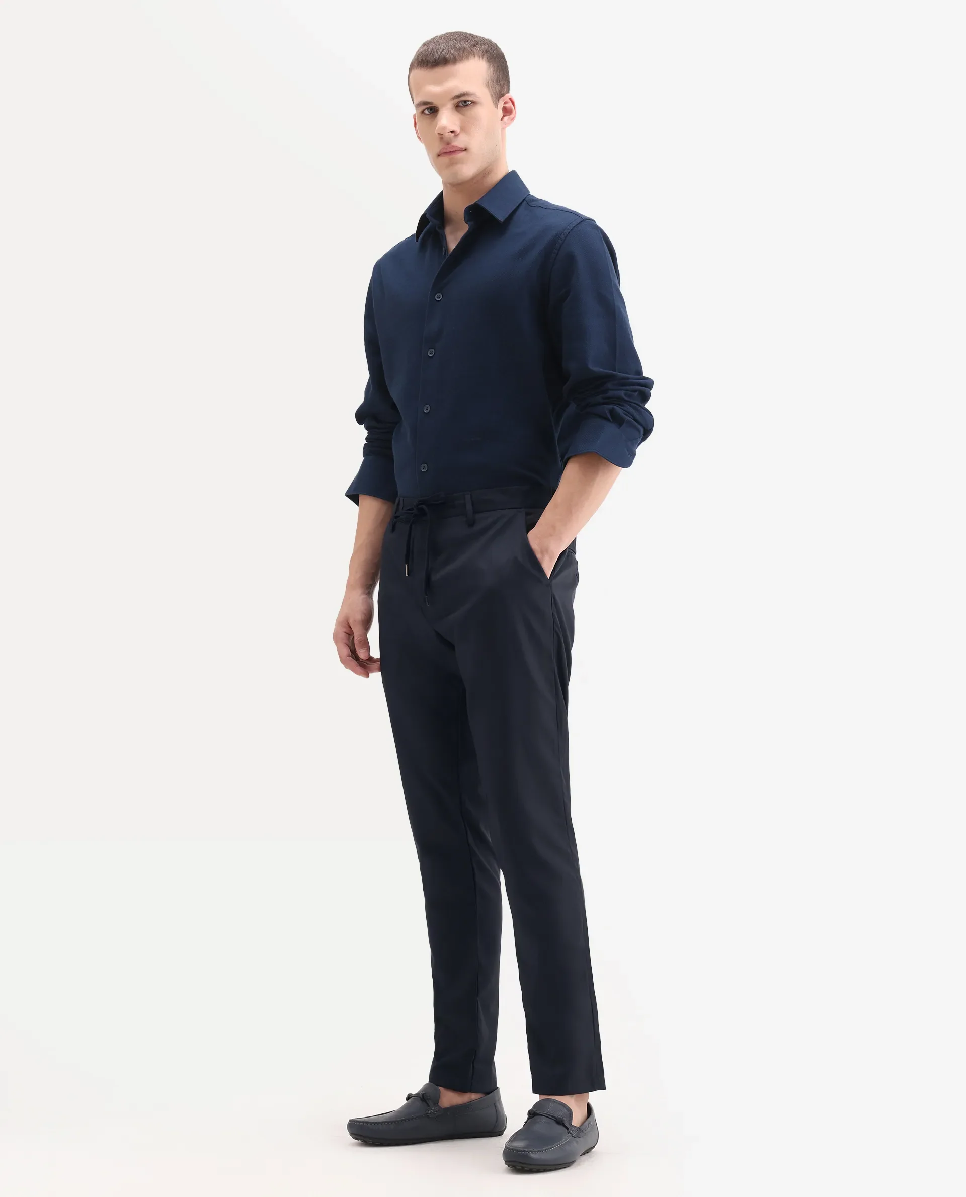 Rare Rabbit Men's Nimb Navy Polyester Fabric Drawstring And Button Closure High Rise Regular Fit Solid Trousers - Image 4