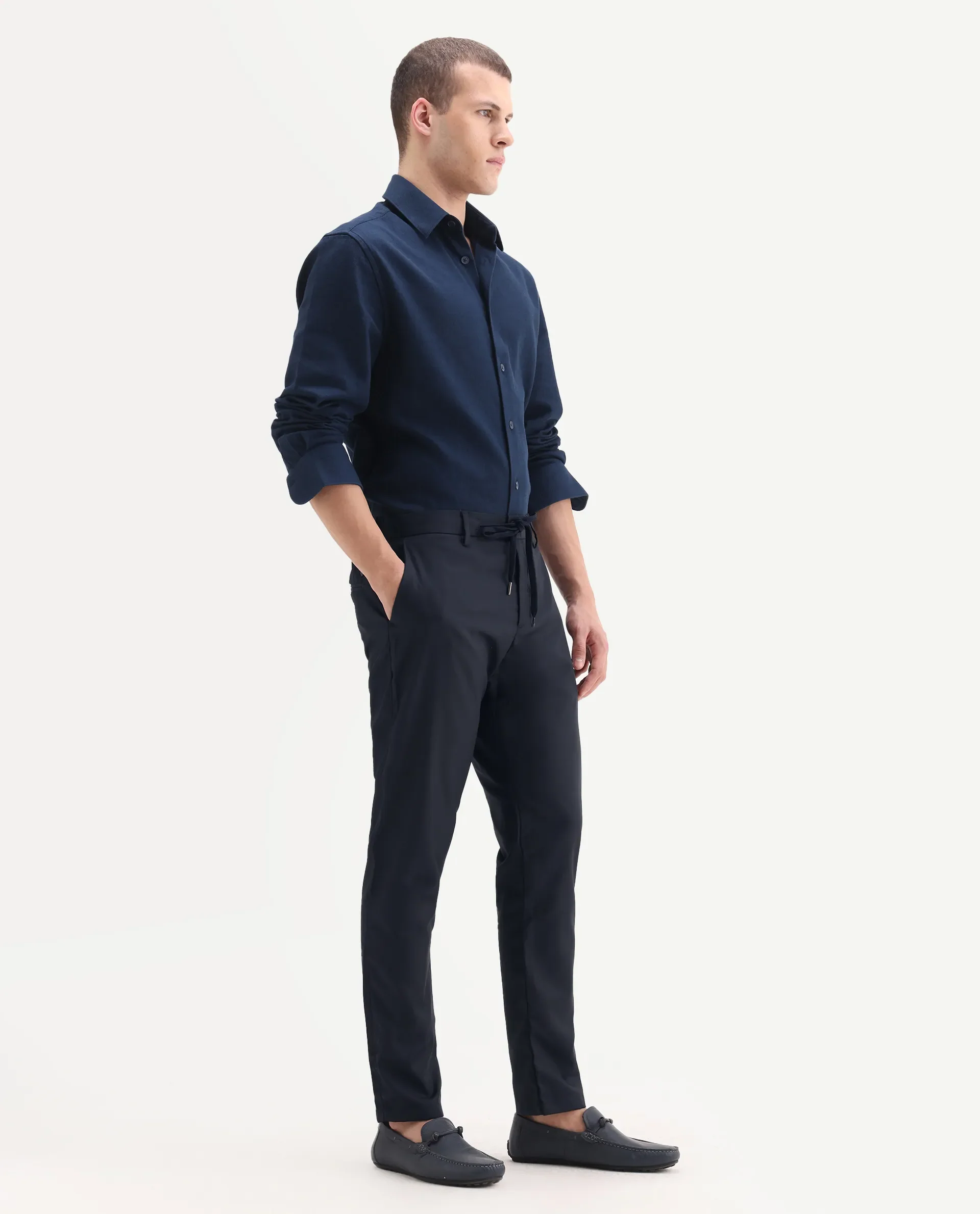 Rare Rabbit Men's Nimb Navy Polyester Fabric Drawstring And Button Closure High Rise Regular Fit Solid Trousers - Image 5