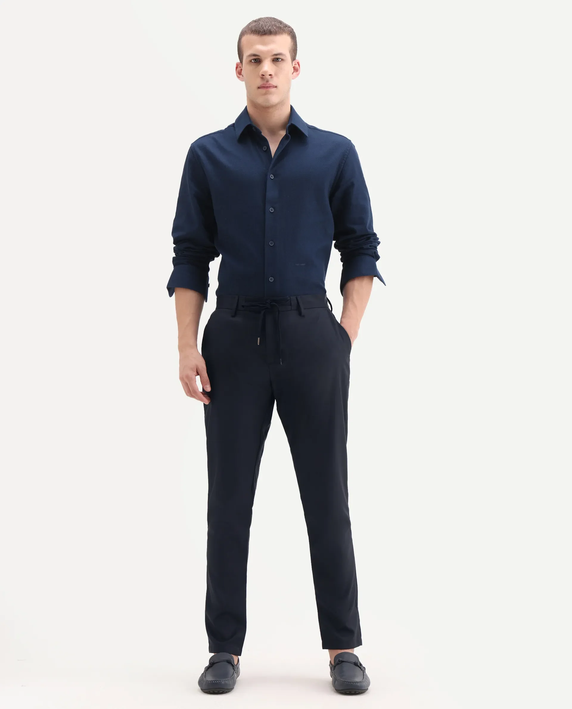 Rare Rabbit Men's Nimb Navy Polyester Fabric Drawstring And Button Closure High Rise Regular Fit Solid Trousers - Image 6