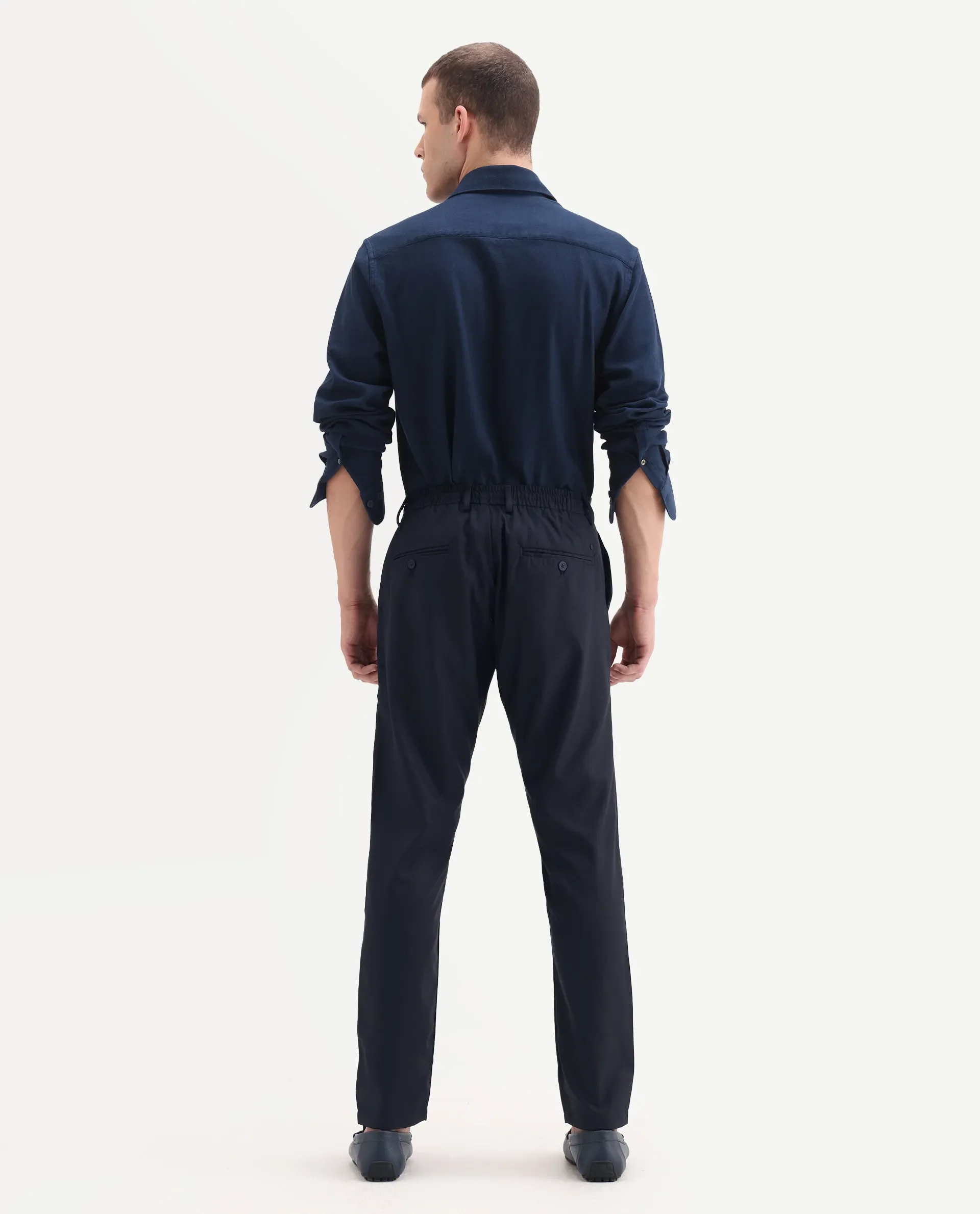 Rare Rabbit Men's Nimb Navy Polyester Fabric Drawstring And Button Closure High Rise Regular Fit Solid Trousers - Image 8