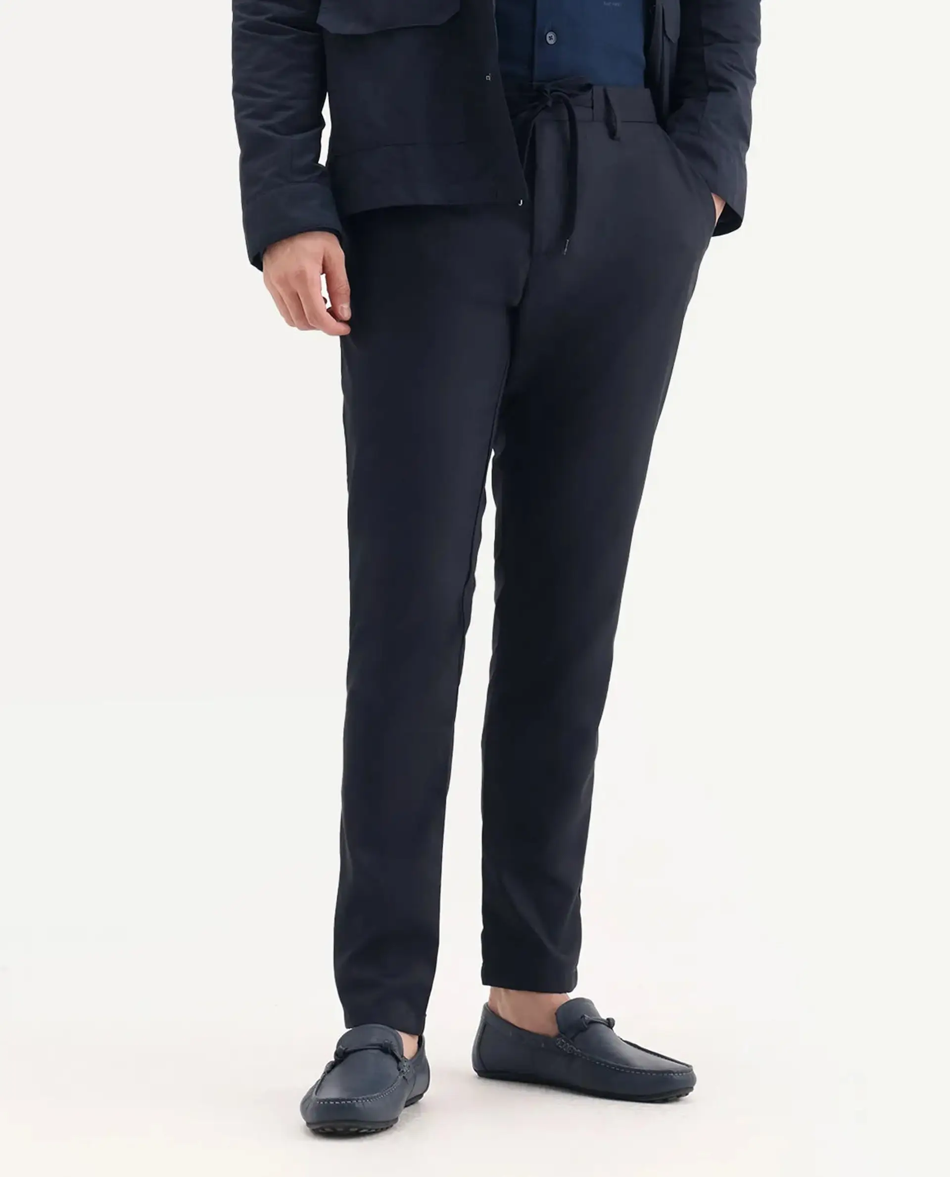 Rare Rabbit Men's Nimb Navy Polyester Fabric Drawstring And Button Closure High Rise Regular Fit Solid Trousers - Image 9
