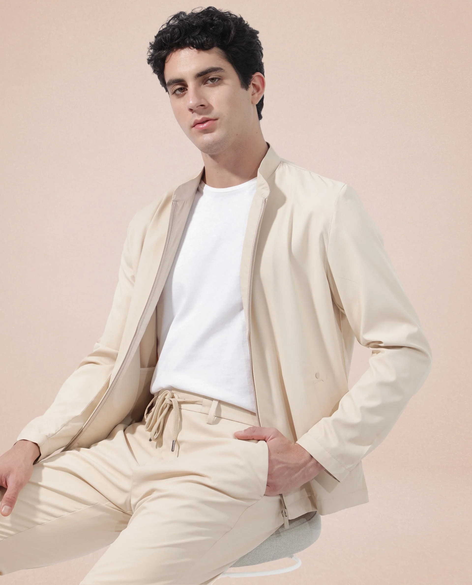 Rare Rabbit Men's Nimbus Beige Plain Mandarin Collar Smart Twill Jacket - Image 11