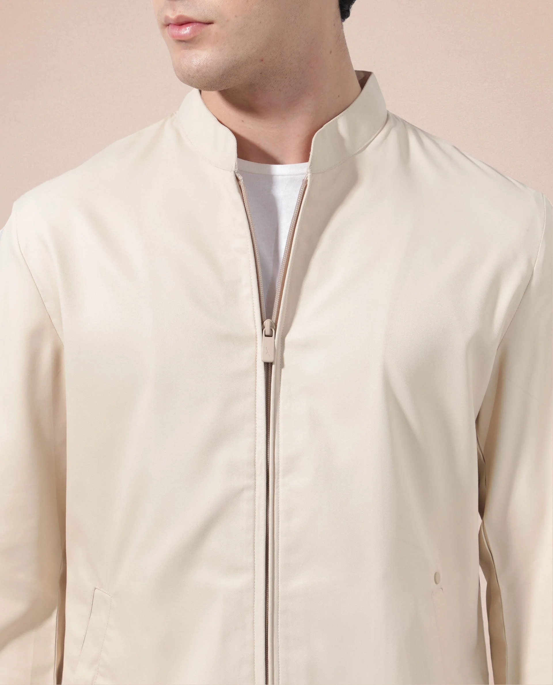 Rare Rabbit Men's Nimbus Beige Plain Mandarin Collar Smart Twill Jacket - Image 3