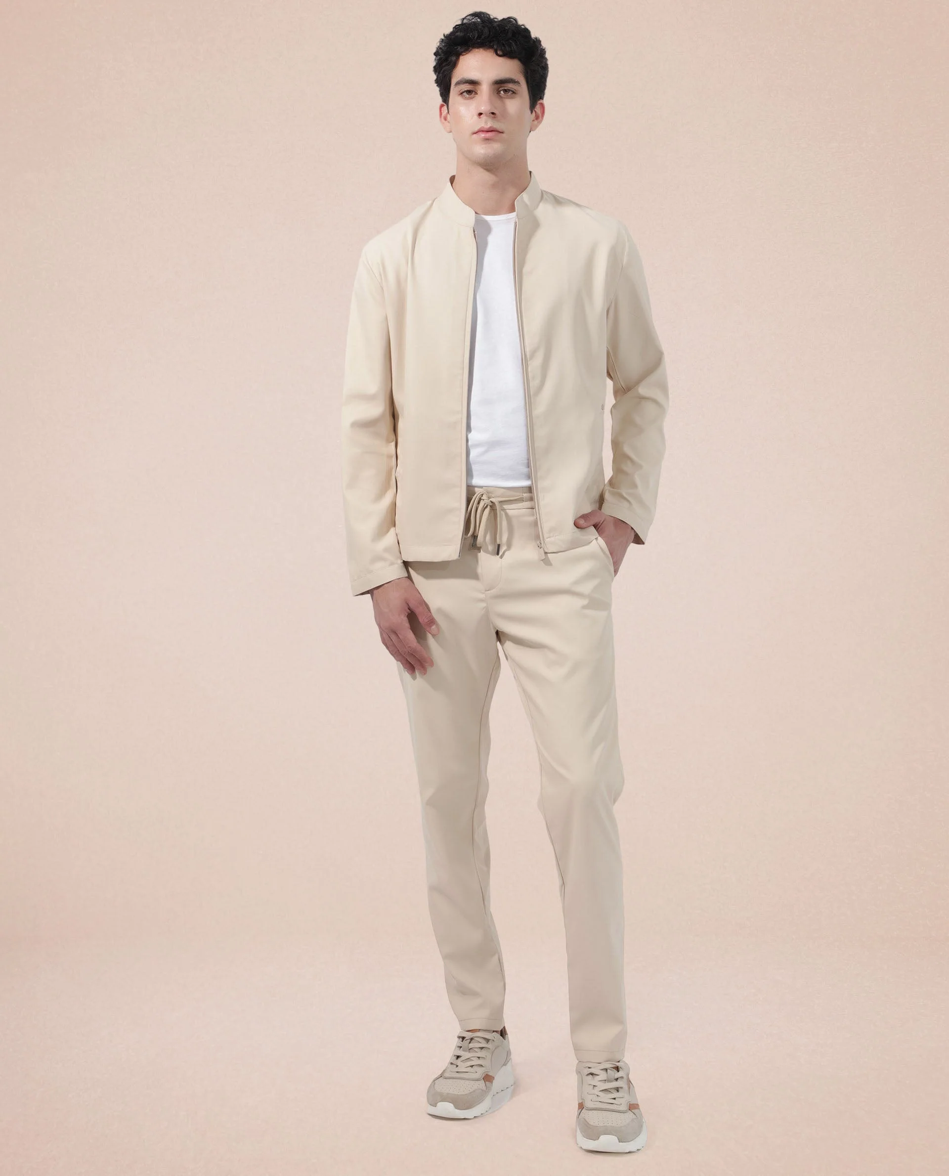 Rare Rabbit Men's Nimbus Beige Plain Mandarin Collar Smart Twill Jacket - Image 4