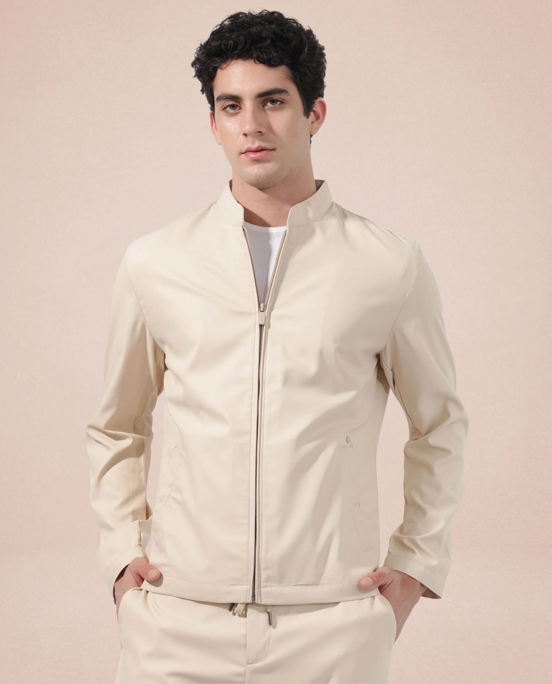 Rare Rabbit Men's Nimbus Beige Plain Mandarin Collar Smart Twill Jacket - Image 5