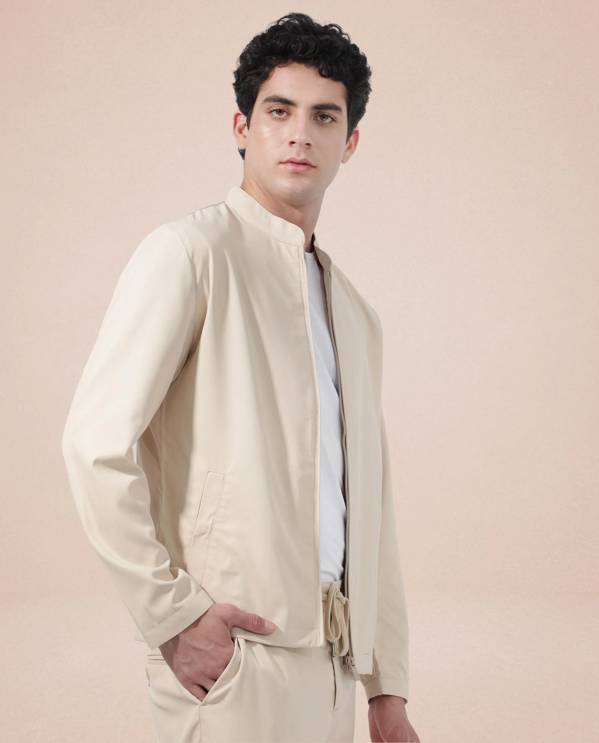 Rare Rabbit Men's Nimbus Beige Plain Mandarin Collar Smart Twill Jacket - Image 7
