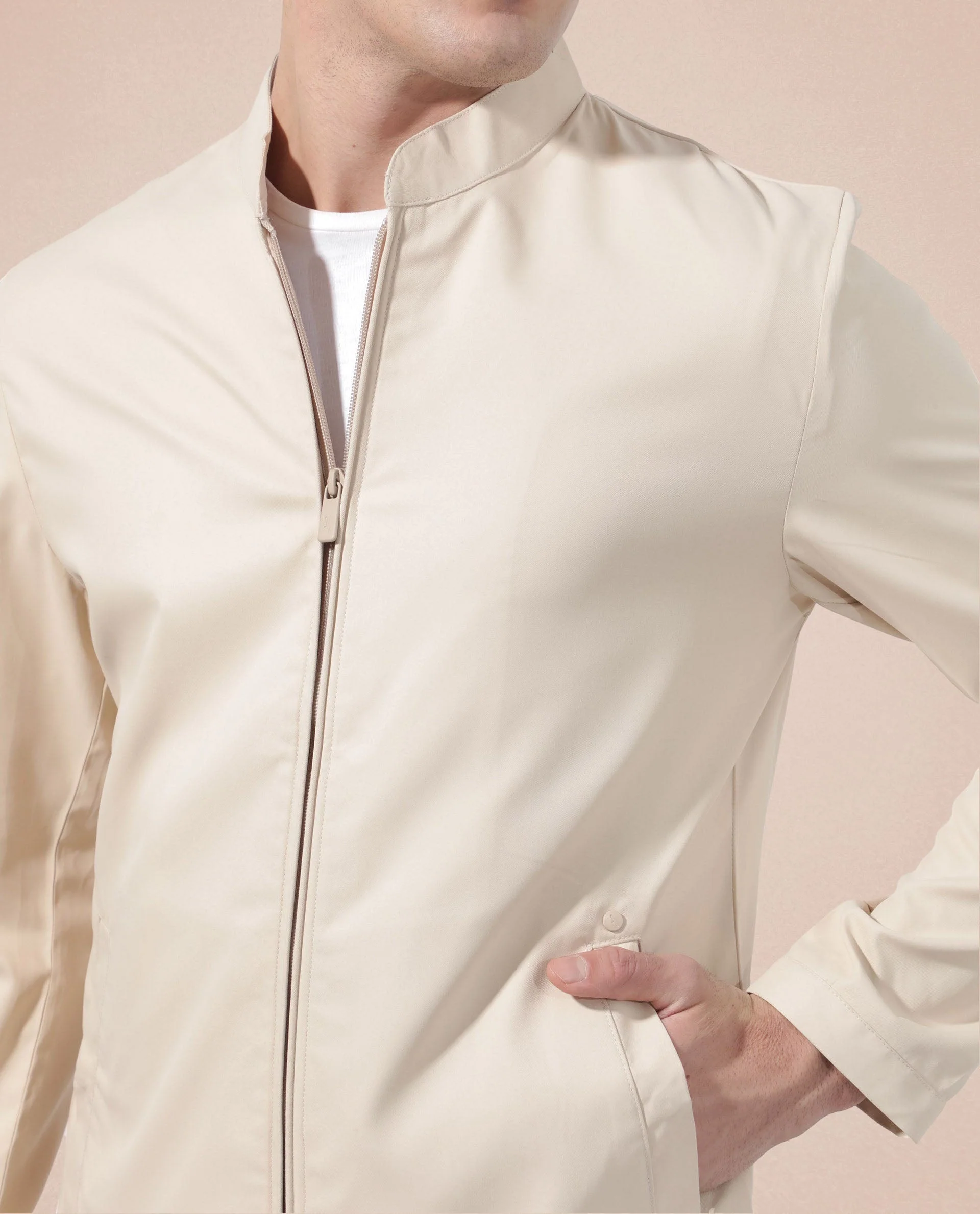Rare Rabbit Men's Nimbus Beige Plain Mandarin Collar Smart Twill Jacket - Image 9