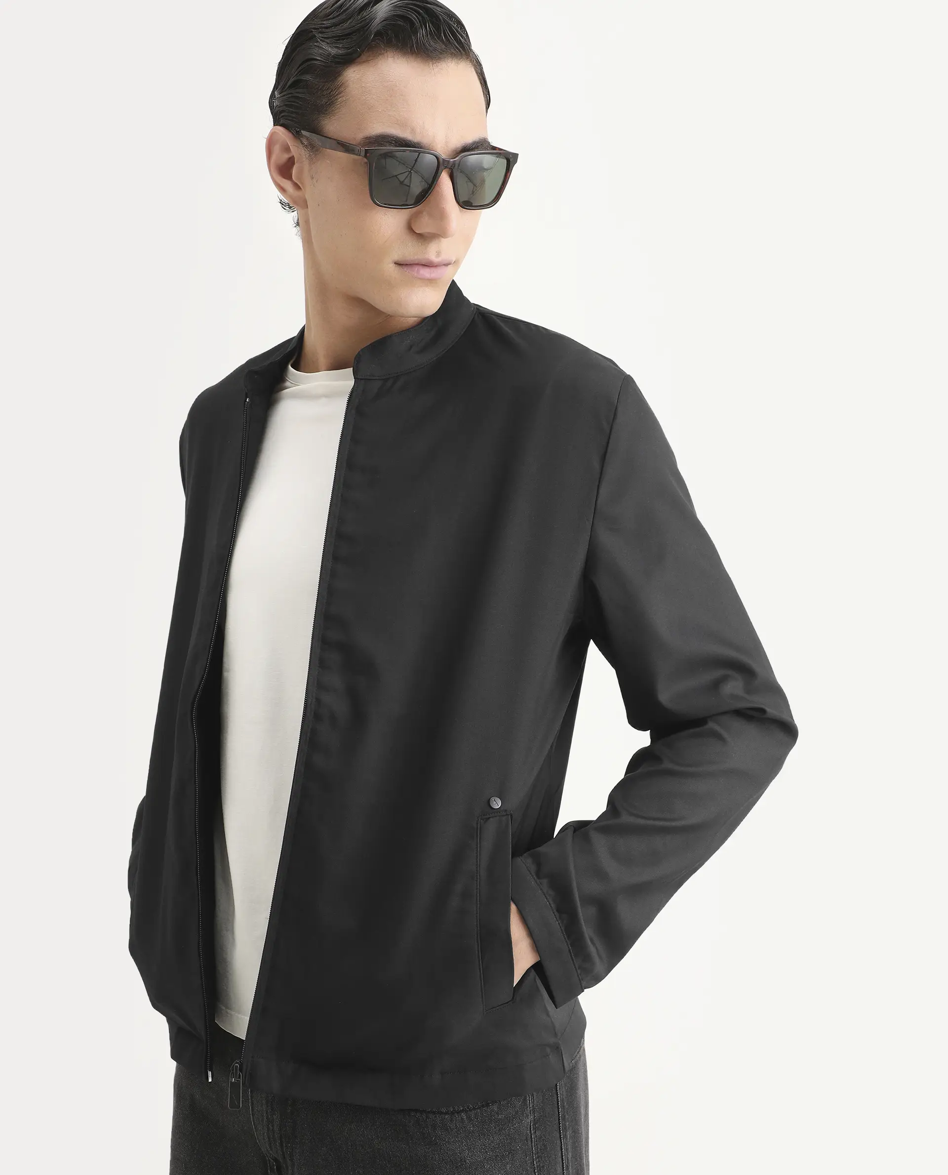 Rare Rabbit Men's Nimbus Black Plain Mandarin Collar Smart Twill Jacket