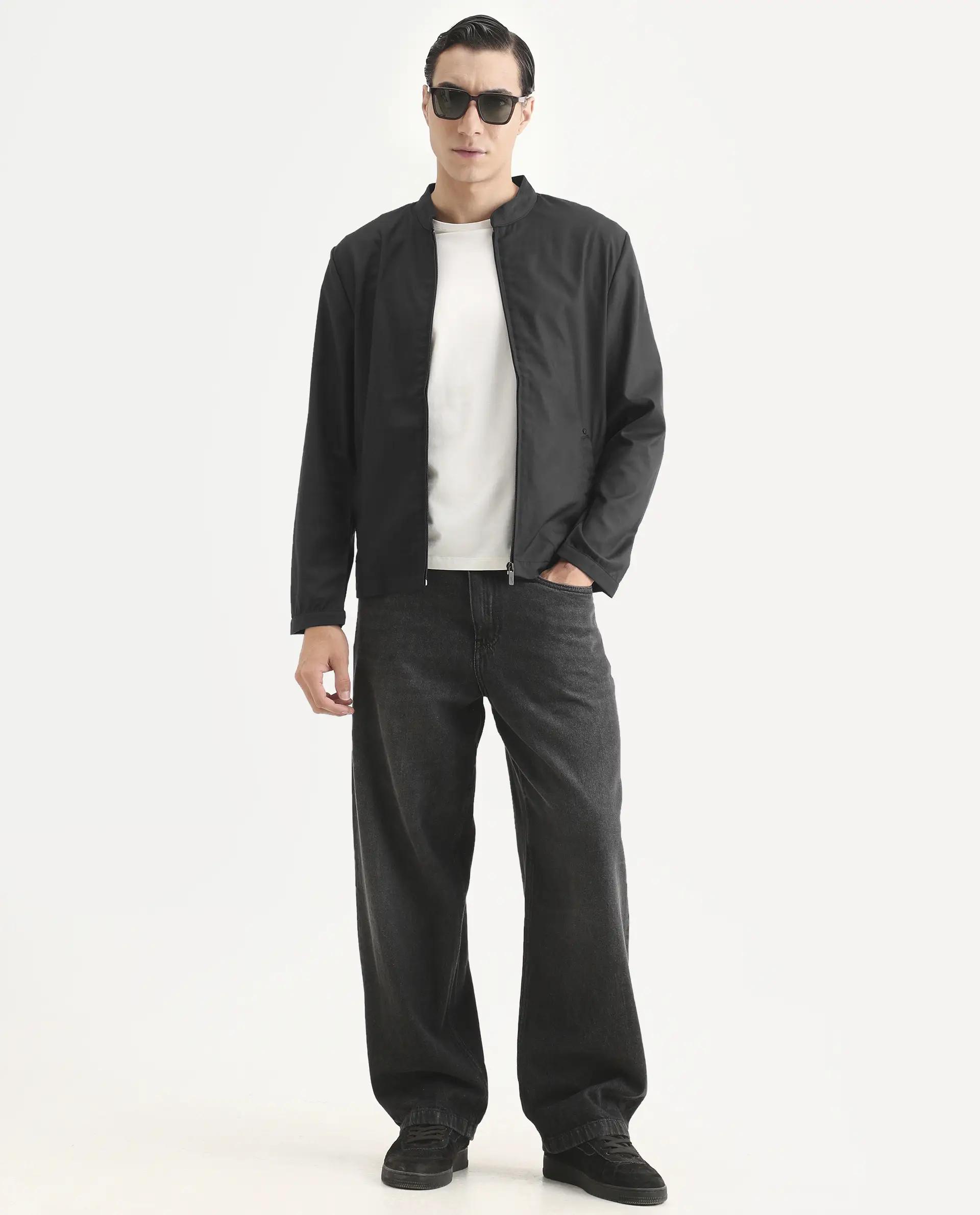 Rare Rabbit Men's Nimbus Black Plain Mandarin Collar Smart Twill Jacket - Image 2